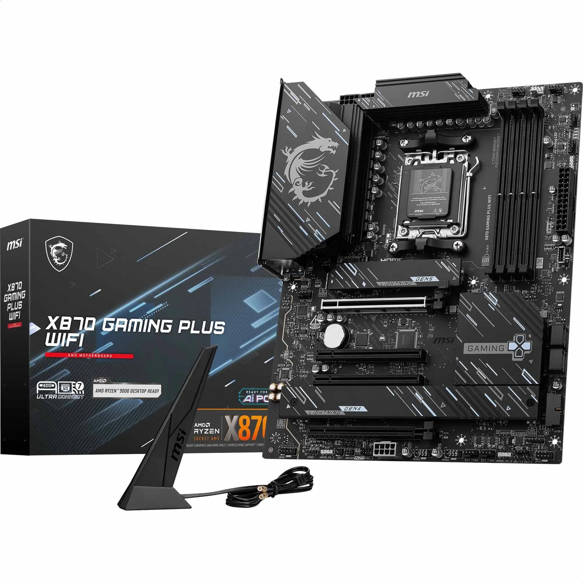 MSI X870 ゲーミングプラス WIFIマザーボード、ATX - AMD Ryzen 9000/8000/7000プロセッサ、AM5-60A SPS VRM、DDR5メモリブースト8200+ MT/s (OC)、PCIe 5.0 x16 & 4.0 x16、M.2 Genに対応。 5、Wi-Fi 7、 5、5、5、5、5。