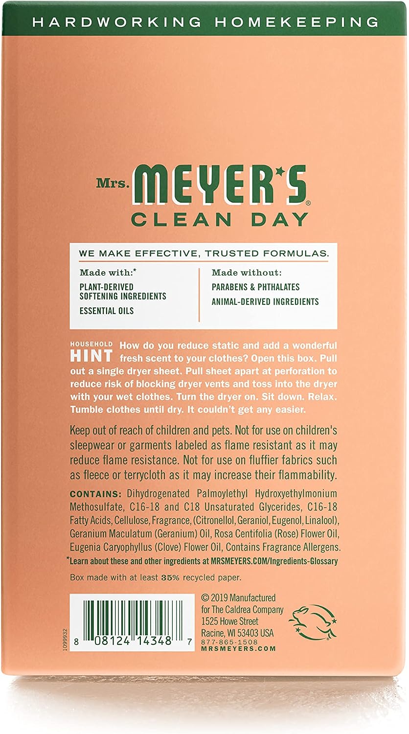 Mrs. Meyer's Dryer Sheets, Fabric Softener, Reduces Static, Infused with Essential Oils, Geranium, 80 Count