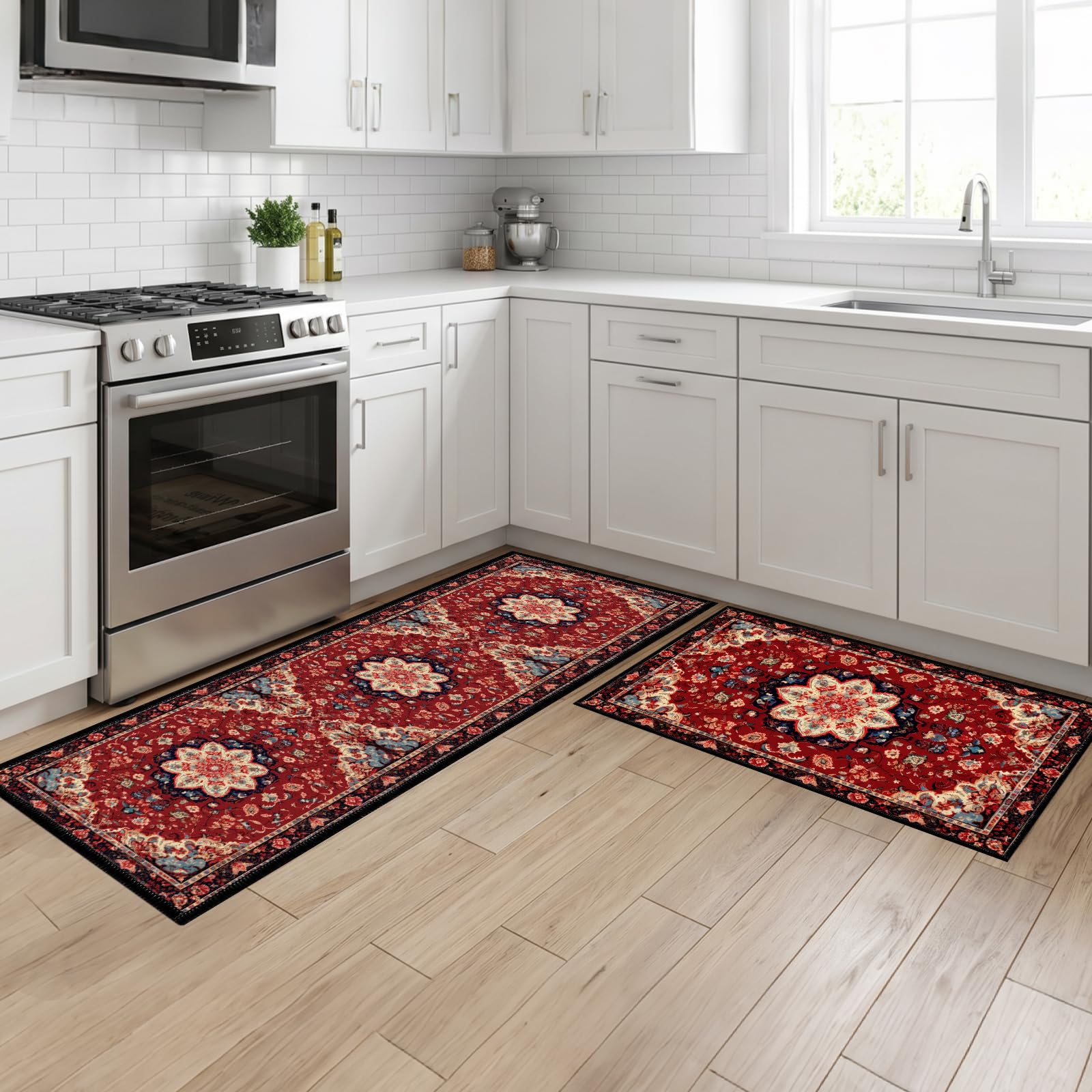 Luvart Kitchen Mats Non Slip Washable, Persien Kitchen Runners Rug Set of 2, Vintage Floor Carpet Mats for Home Standing Decoration(43x75 cm+43x150 cm)