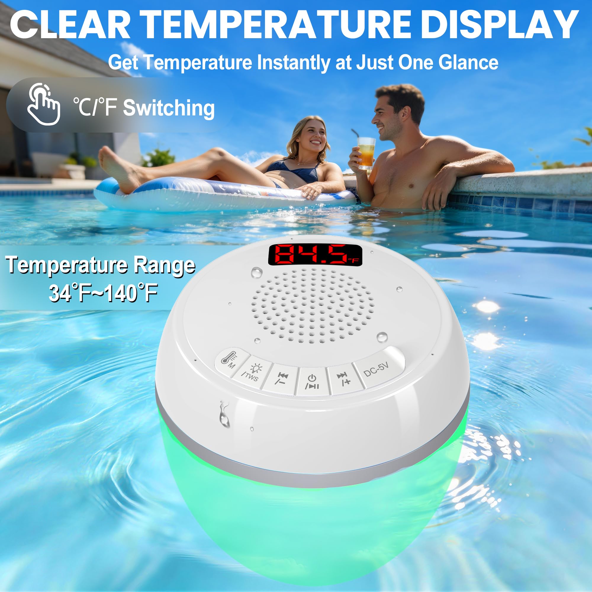 AearKing Altoparlante galleggiante 3in1 per piscina con termometro digitale e luci | Luci RGB, TWS, impermeabile IP68, Bluetooth 5.0, suono surround a 360°, display LCD della temperatura, ABS, ricarica USB