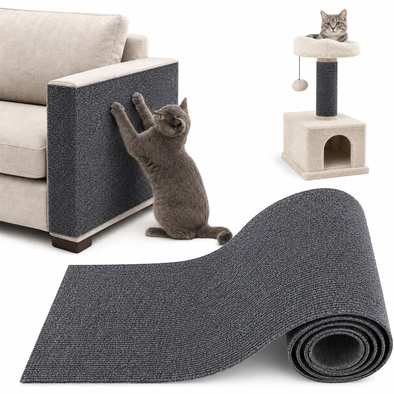 Protection Canapé Chat Anti Griffes, Griffoir Chat Canapé 200 x 40 cm, Tapis Griffoir Chat Autocollant à Découper, Protège Canapé Griffe Chat pour Meubles, Murs et Porte (Gris)
