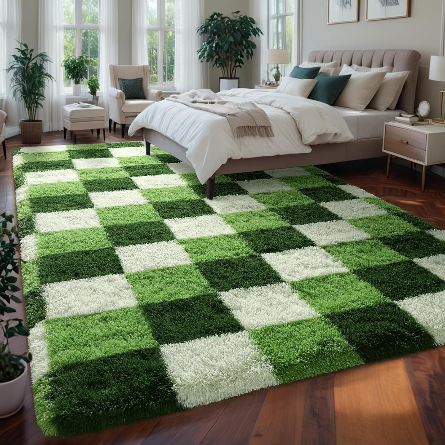 Nuttumico Modern Checkerboard Rug for Living Room Bedroom, 4x6 Ft Green Checkered Fluffy Carpet, Thickened Memory-Foam Area Rug for Kids Nursery Dorm, Home Decor, Anti-Slip and Easy to Clean