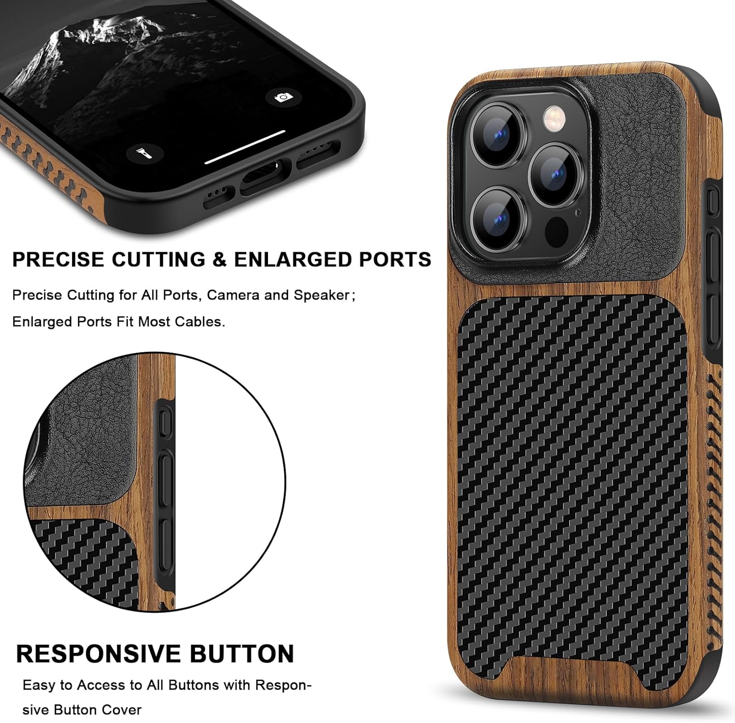 TENDLIN Compatible with iPhone 16 Pro Phone Case Wood Grain with Carbon Fiber Texture Design Leather Hybrid Slim Case (Black) - Image 5