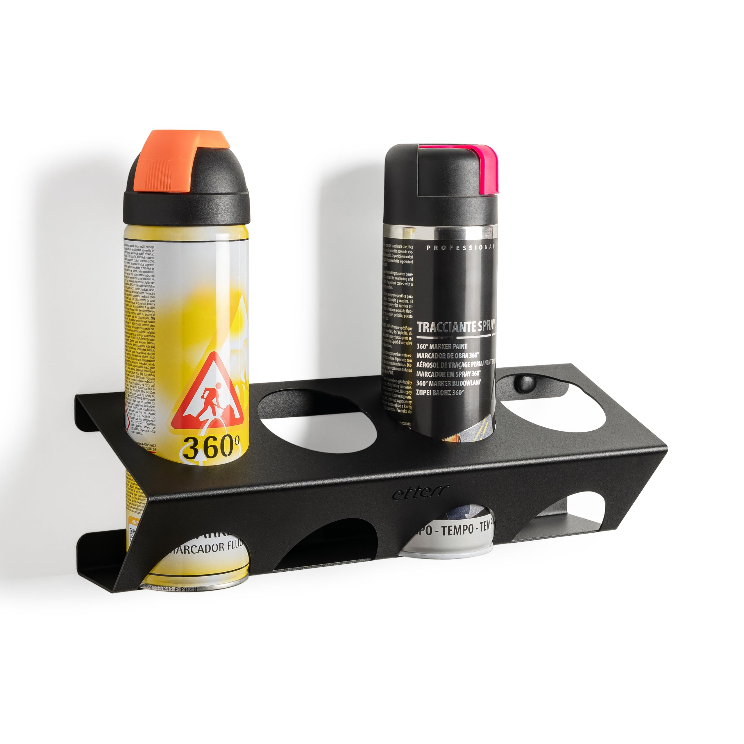 Soporte de Pared para Sprays y Aerosoles Ø65 mm | 100 % Acero Reforzado | Organizador Estantería Balda Taller, Garaje, Furgoneta | Fabricado en Europa | 400 ml | 500 ml | 366 g | 4 Botes