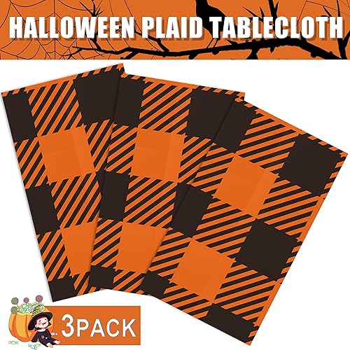 Miniatura 8 de Erweicet Mantel de Halloween de 3 piezas, suministros de decoración para fiesta de Halloween, mantel a cuadros negro y naranja, mantel de plástico a