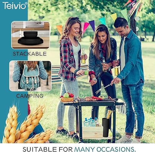 Miniatura 7 de Teivio Juego de vajilla cuadrada de 32 piezas de paja de trigo de plástico para 8, platos de cena irrompibles, platos de ensalada, cuencos de