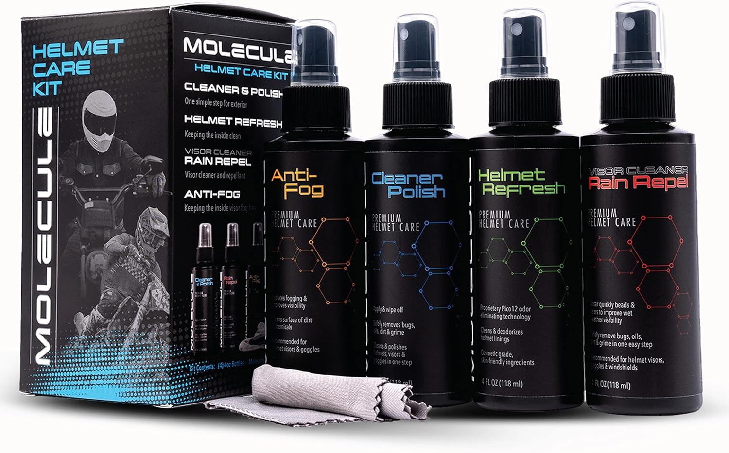 Molecule Helmet Care Kit, AntiFog, Cleaner Polish, Refresh, and Rain Repel, Premium