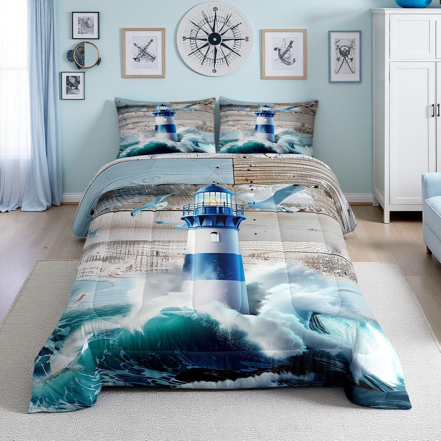 Erosebridal Lighthouse Comforter Set Queen Size,Sea Ocean Wave Bedding Set Nautical Bedroom Decor,Teal Marine Comforter Set for Girls Boys,Retro Vintage Style Coastal Beach Quilt Bed Set 3Pcs