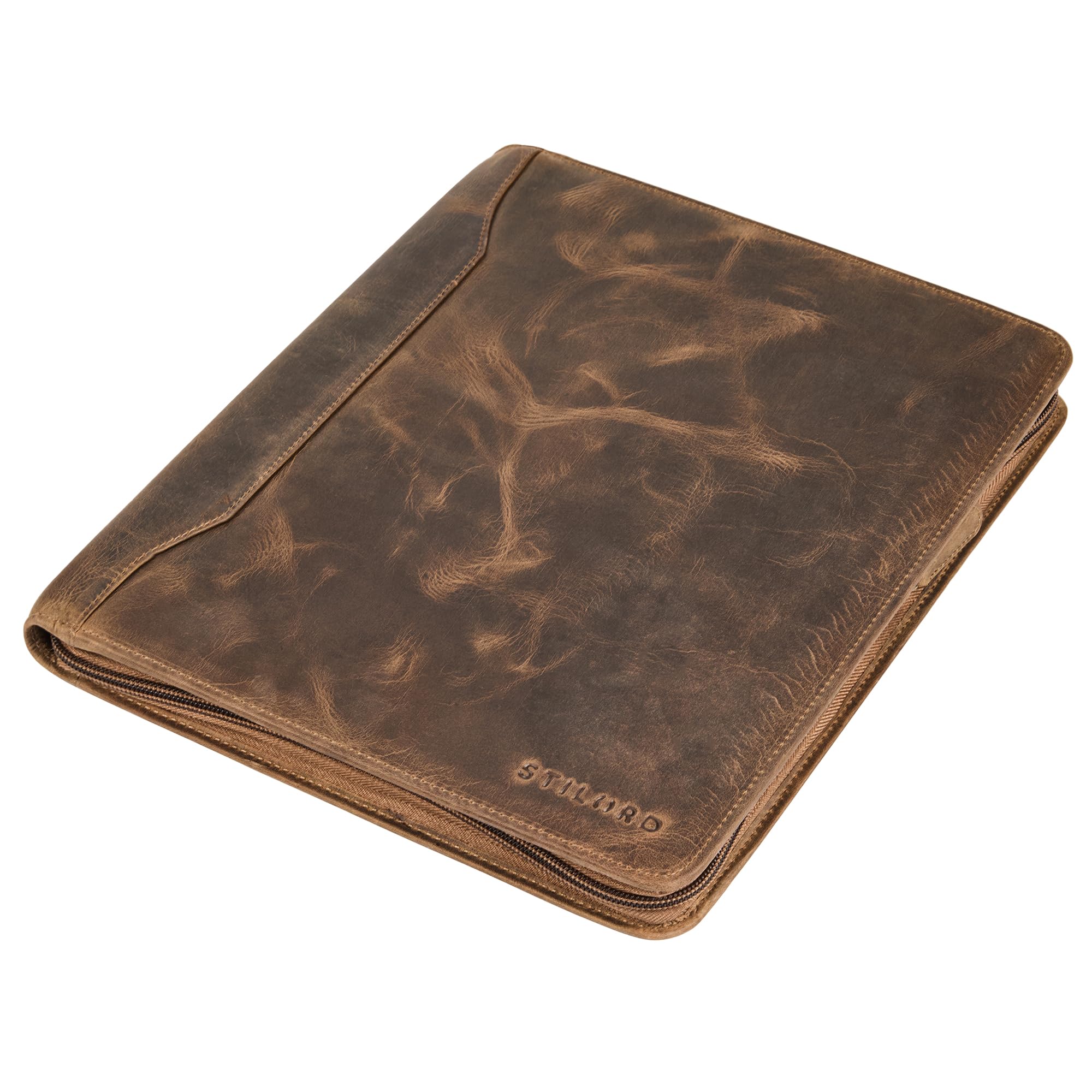 STILORD Wesley Elegante Dokumentenmappe Braun A4 Leder Konferenzmappe mit Reißverschluss - Große Ledermappe Echtleder Dokumententasche für Tablet 13 Zoll für Büro