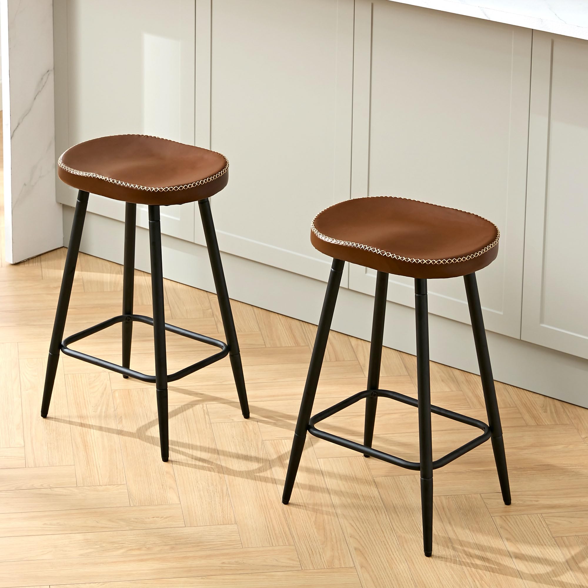 FIRAVOE Bar Stools Set of 2, Modern 24" Counter Height Bar Stools, Brown Faux Leather Backless Saddle Stools for Kitchen Island (Brown, 2 PCS 24''