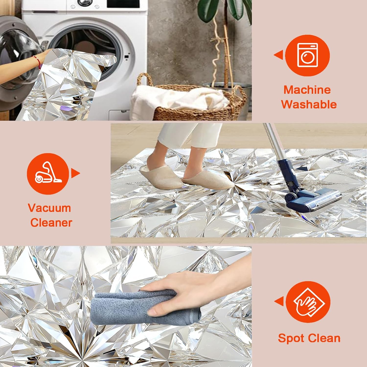 Area Rugs 5X7 for Living Room Bedroom, Sparkling Diamond Luxurious Geometry Machine Washable Large Silver Grey Rug Soft Rug, Low Pile Floor Carpet with Non Slip Backing for Dining Room