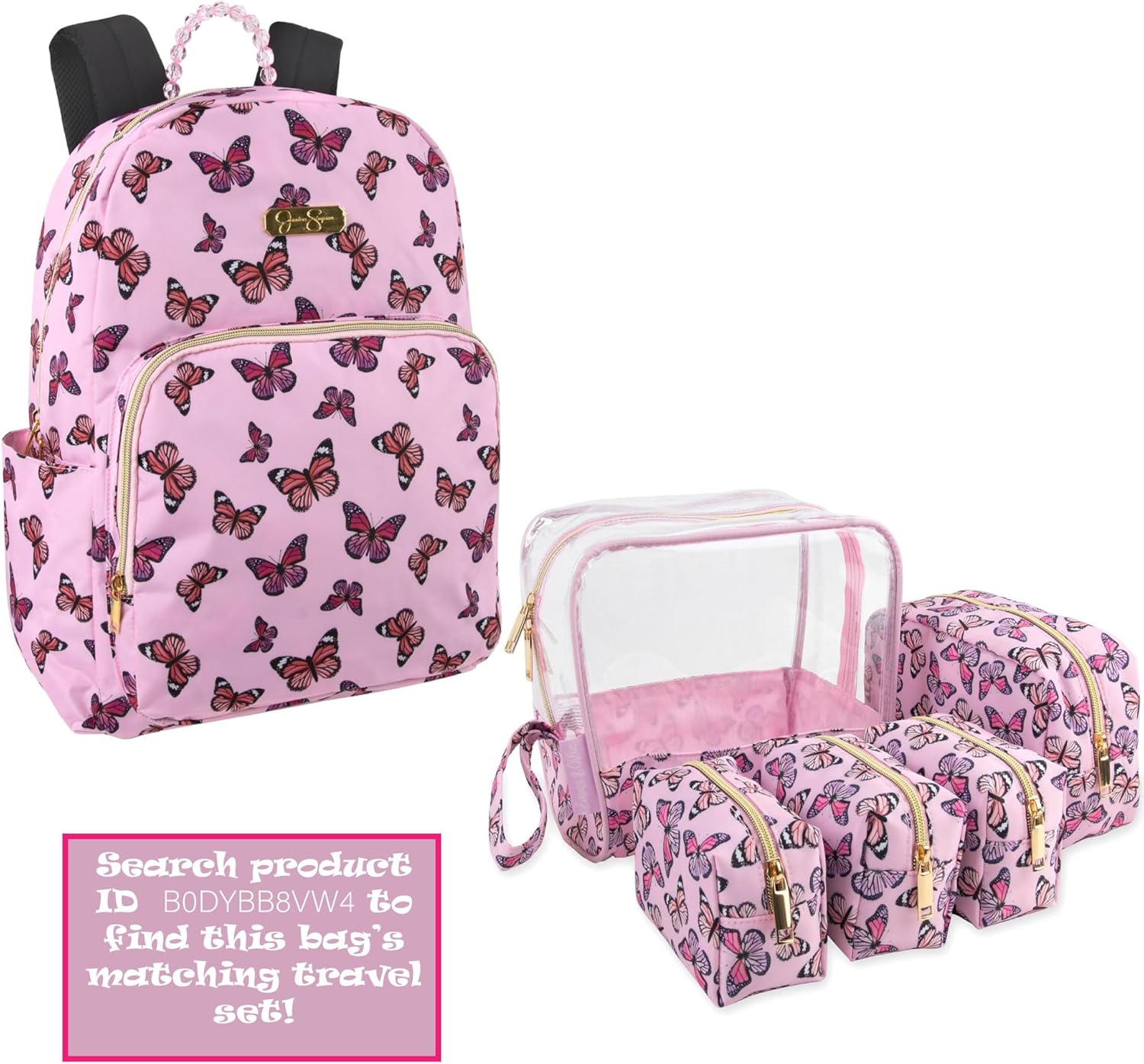 Jessica Simpson Women’s Designer Laptop Backpack with Side Pockets, Padded Straps | Classic Modern Backpack for Women (Beaded Pink Butterflies), Large