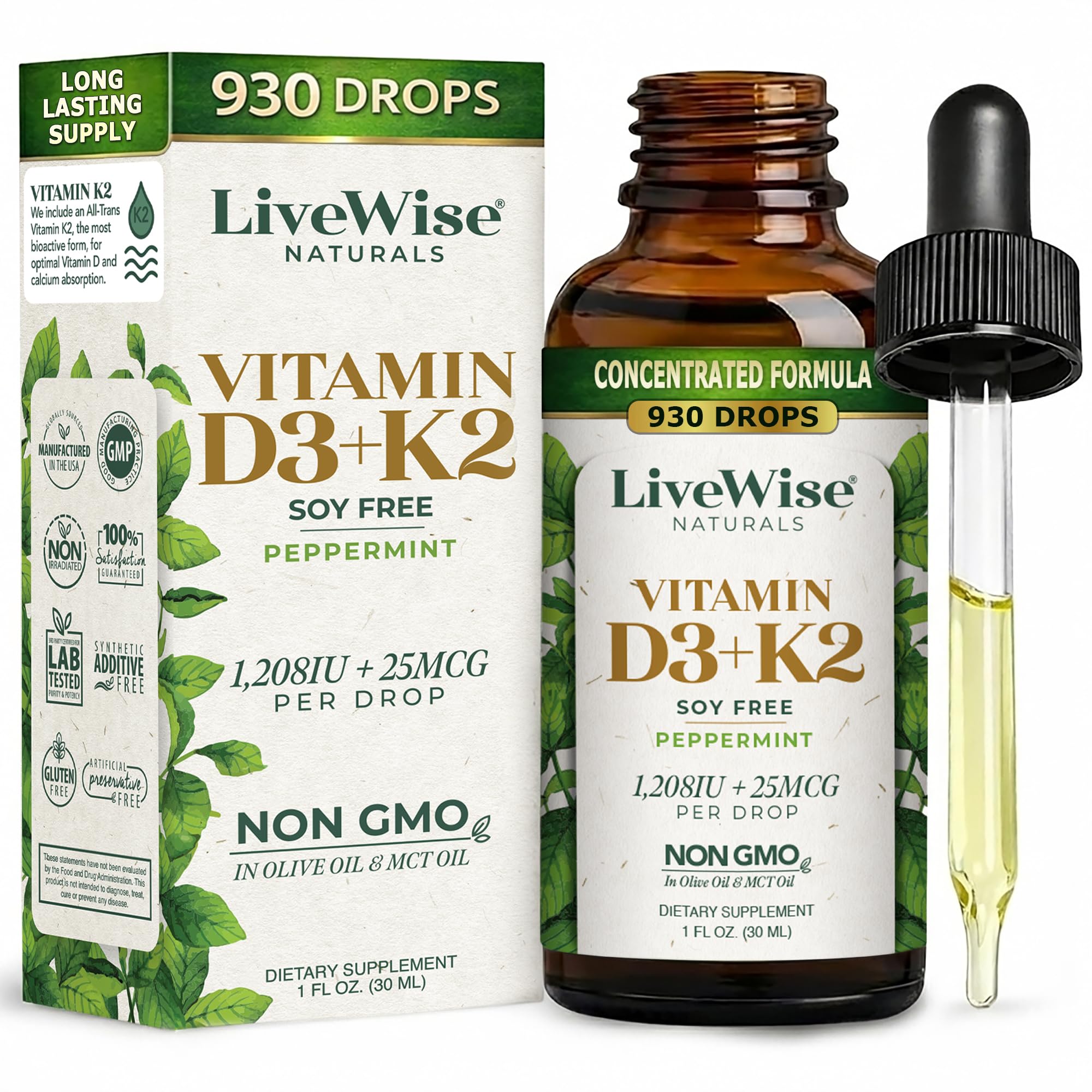 Vitamin D3 with K2 Liquid Drops, All Non GMO, 1208IU D3 and 25mcg K2 (MK7) Per Serving, Strengthen Bones, Boost Immune System and Energy Levels, with or without Peppermint Oil