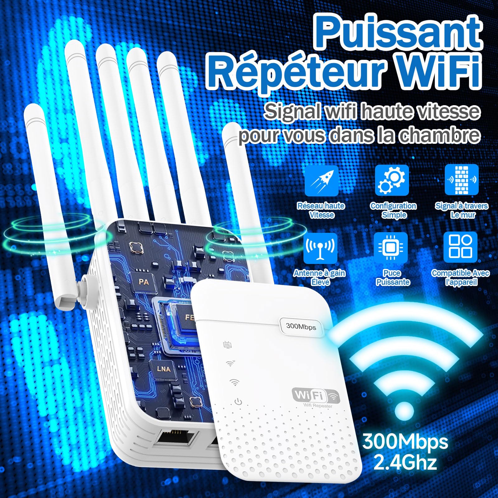 Générique Ripetitore WiFi Potente, Amplificatore WiFi, Ripetitore WiFi Esterno, 300 Mbps, 2.4 GHz, 6 Antenne, 2 Porte LAN, Modalità Ripetitore & Router & AP, Copertura WiFi di 300 m², R081