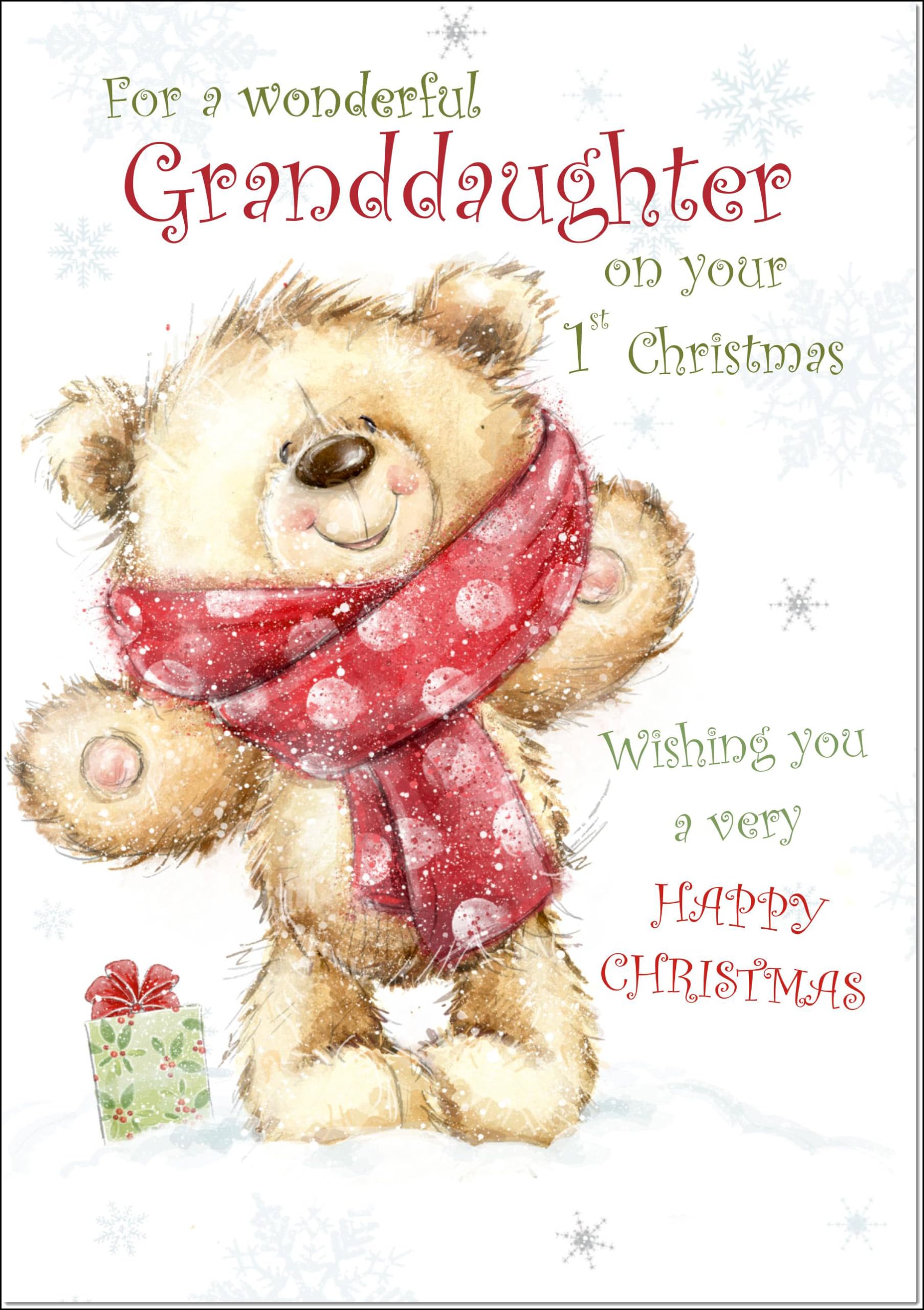 doodlecards Granddaughters 1st First Christmas Card Teddy Bear With Red Scarf Large A4 Size Christmas Card for Granddaughters 1st with Plain Envelope โ image 1