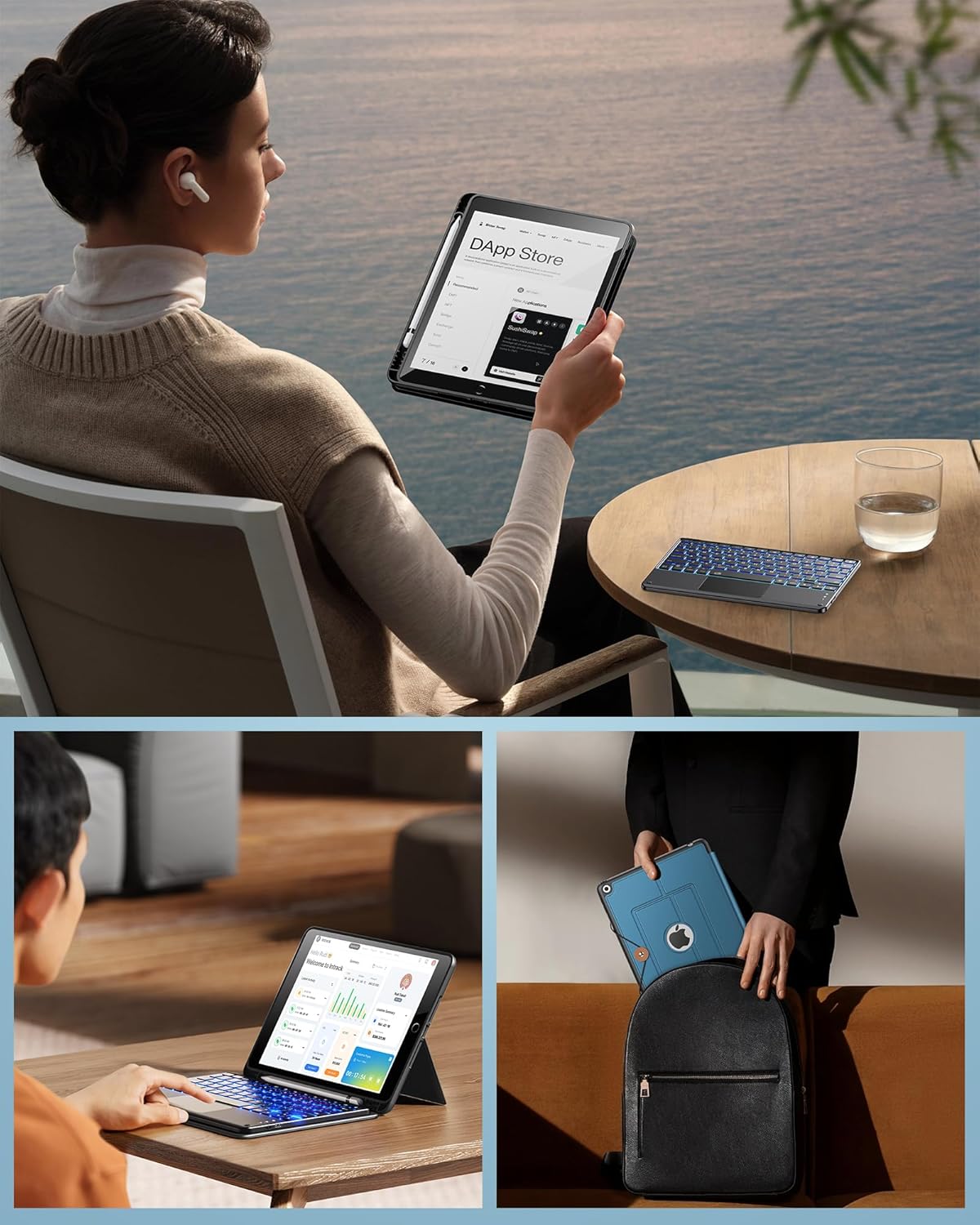 INFILAND Keyboard Case for iPad 9th/8th/7th Generation 10.2 Inch, 7-Color Backlight & High Precision Trackpad, Slim Detachable Folder Style Keyboard Case with Pencil Holder (Sky Blue)