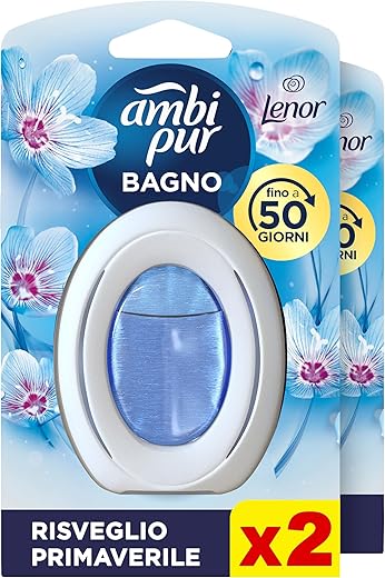 Ambi Pur Bathroom Air Freshener with Continuous Action, 2 pieces, Lenor Spring Awakening, Elimination and Odor Prevention, Up to 50 Days of Perfume