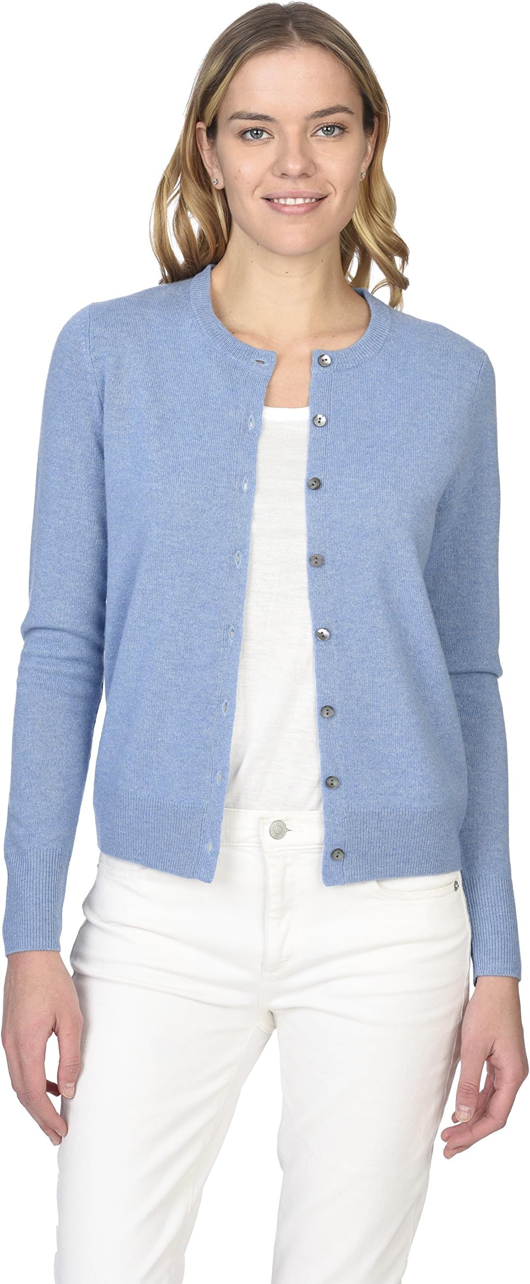 Women's 100% Pure Cashmere Button Front Long Sleeve Crew Neck Cardigan Sweater