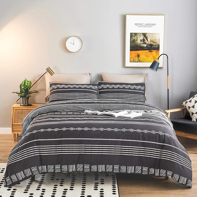 WARMDERN White Stripe Boho Duvet Cover Set King, 3pcs Ultra Soft Aztec Cotton Comforter Cover with Zipper Ties, 1 Bohemian Dark Grey Duvet Cover & 2 Pillowcase(King,Dark Grey)
