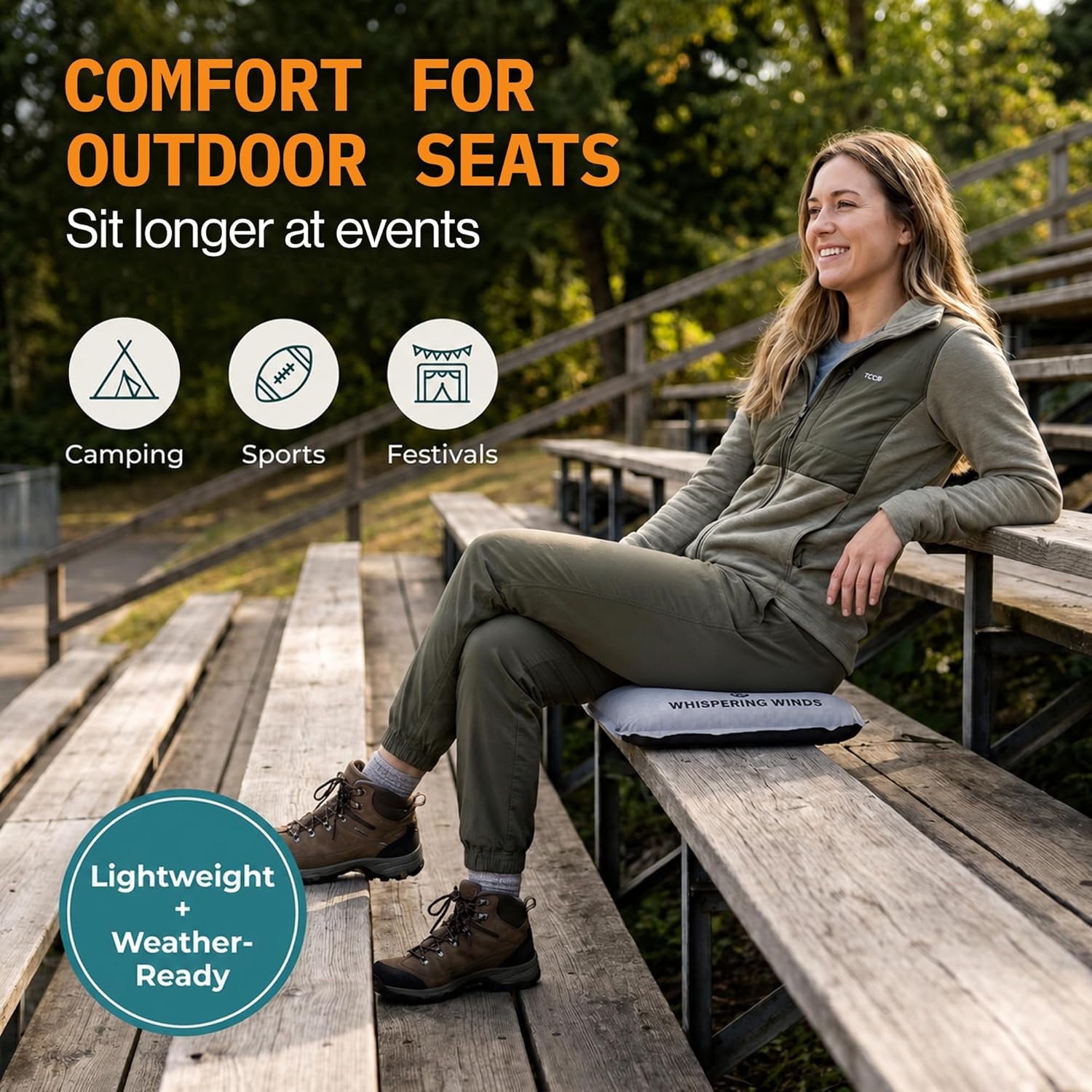 Whispering Winds Inflatable Seat Cushion - Comfortable Blow-up Foam Pad for Airplane, Travel, Stadium, Outdoors, Camping, Car & More