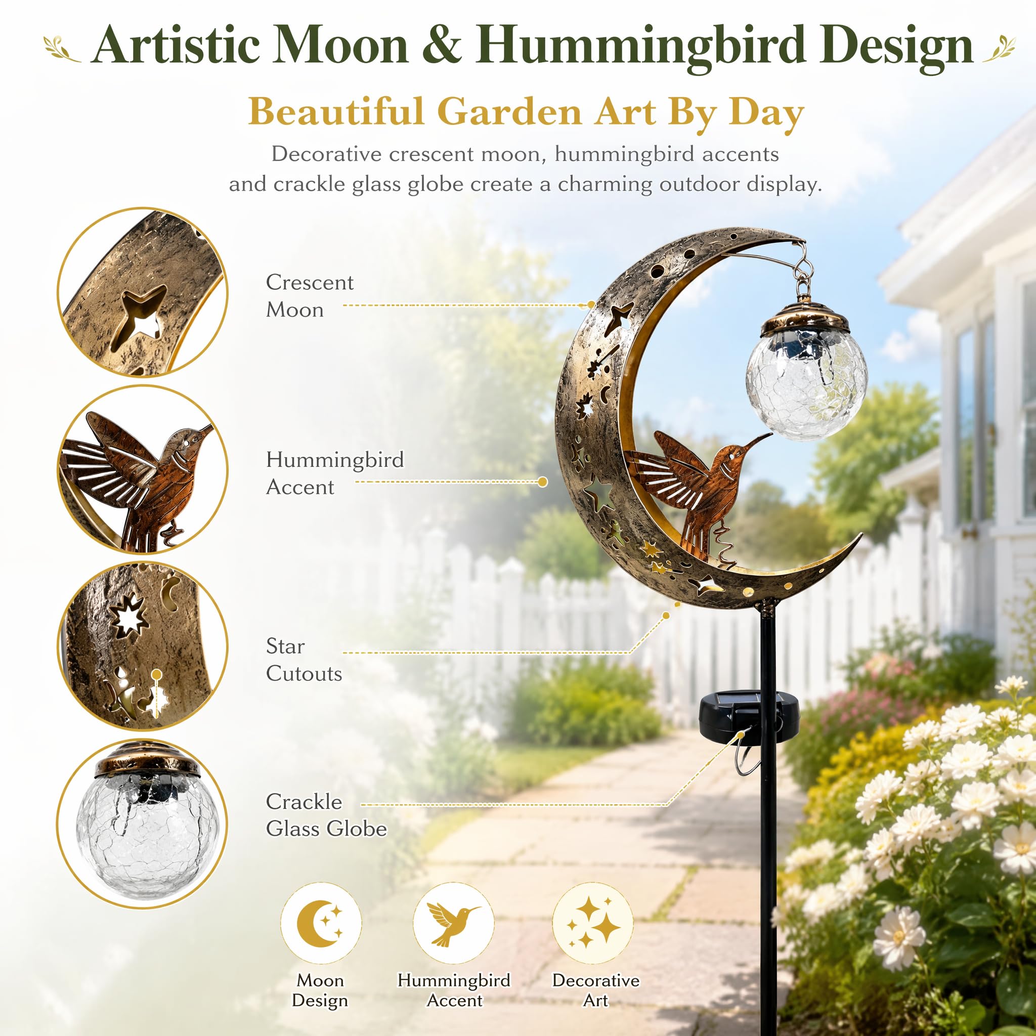Kolibri Mond Solarleuchten Garten, wasserdichte Solar-Gartenstatuen, 2 | Halbmond-LED-Weg-Dekor mit Vogel, Craquelé-hängende Glaskugel aus Metall, Halbmond, für Hof, Weg, Rasen, Terrasse, Dekor
