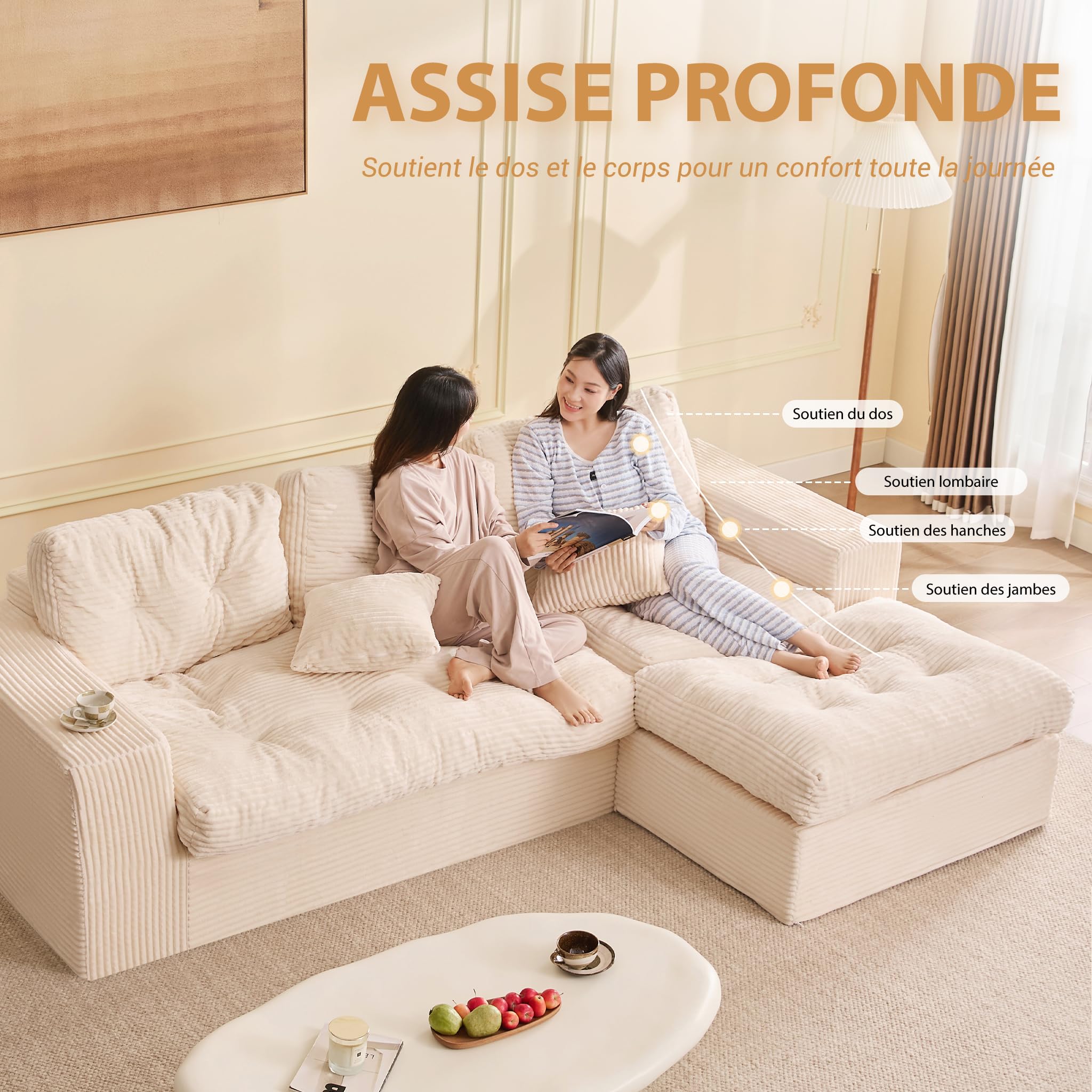 Sofá Chaise Longue 3 Plazas Modular con Puf Móvil, Pana, Beige | Sin Montaje, Asiento Profundo, Espuma de Alta Densidad, Cojines de Respaldo, Salón o Apartamento