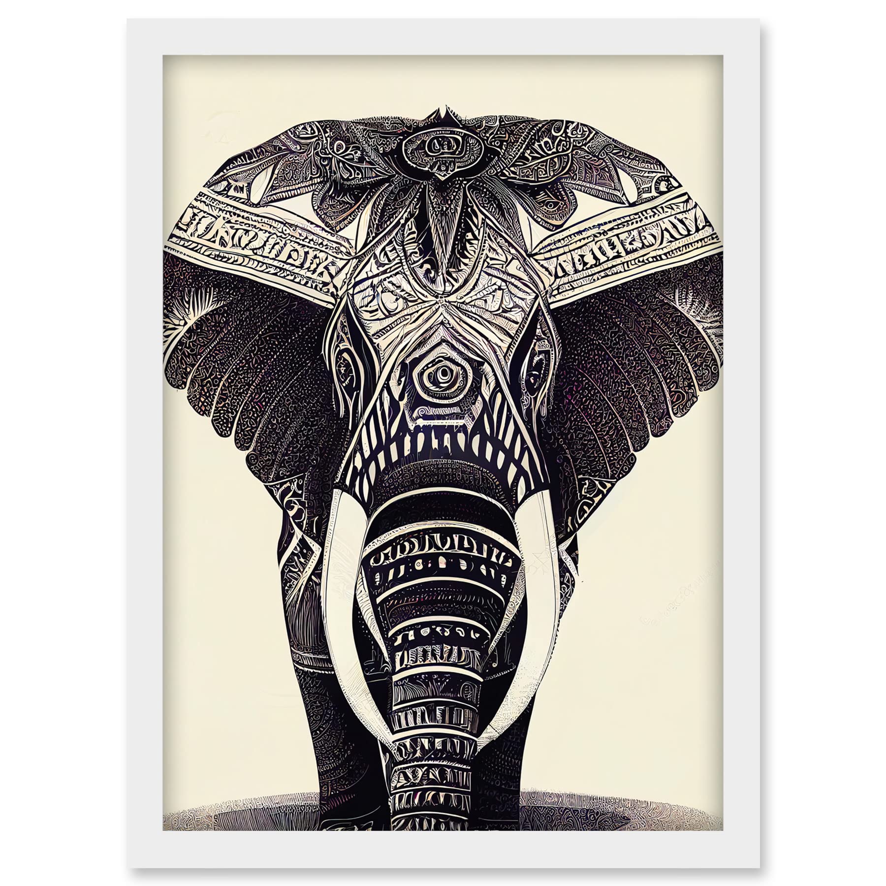 Doppelganger33 LTD Illustration Of Elephant With Tribal Patterns Black And White Artwork Framed A3 Wall Art Print