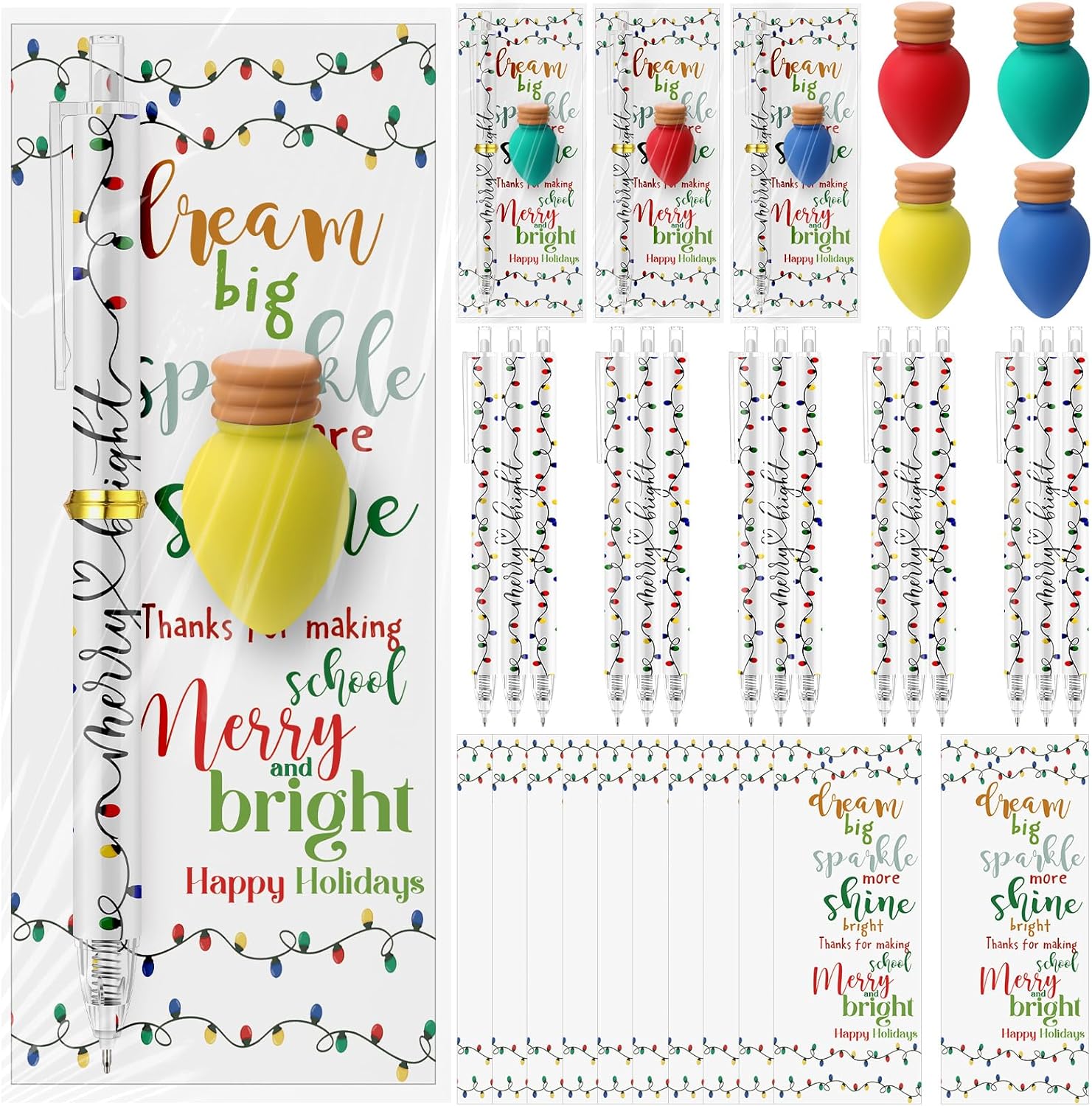 Yexiya 60 Sets Christmas Mechanical Pencils 0.7 mm Automatic Click Pencils Lightbulb Erasers Thank You Card Classroom Rewards Gifts for Student from Teacher School Prizes Xmas Party Favors