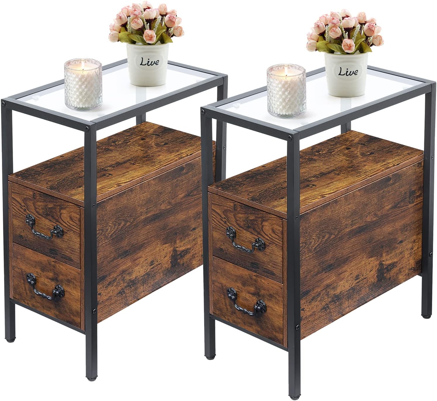 VECELO End Tables, 24" Height Narrow Nightstands, Modern Tall Night Stand with Drawers and Shelf for Living Room, Bedroom,Tempered Glass