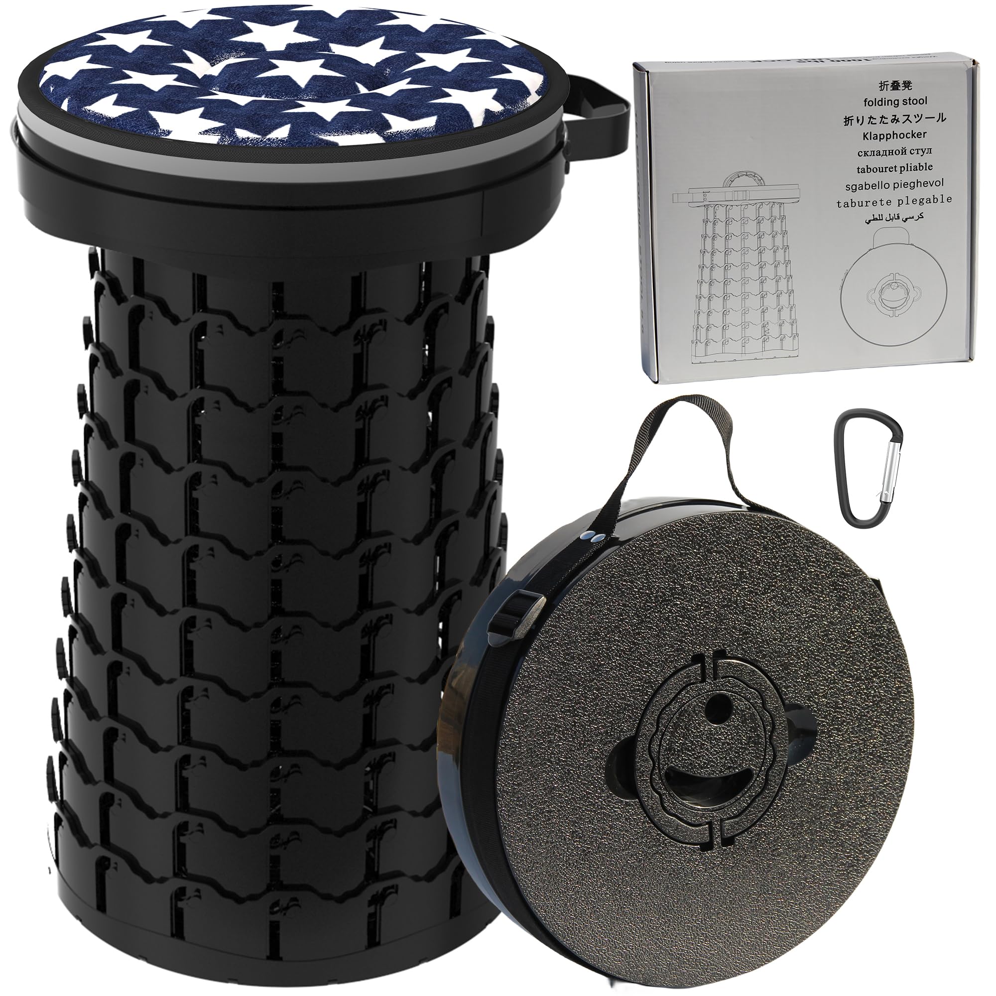 ALEVMOOM 2024 Upgraded XXL Collapsilbe Stool with Cushion,More Sturdy and Height 50cm,D30cm,Portable and Lightweight Adjustable Telescoping Stool for Camping Hiking BBQ Max Loading 1000Ibs