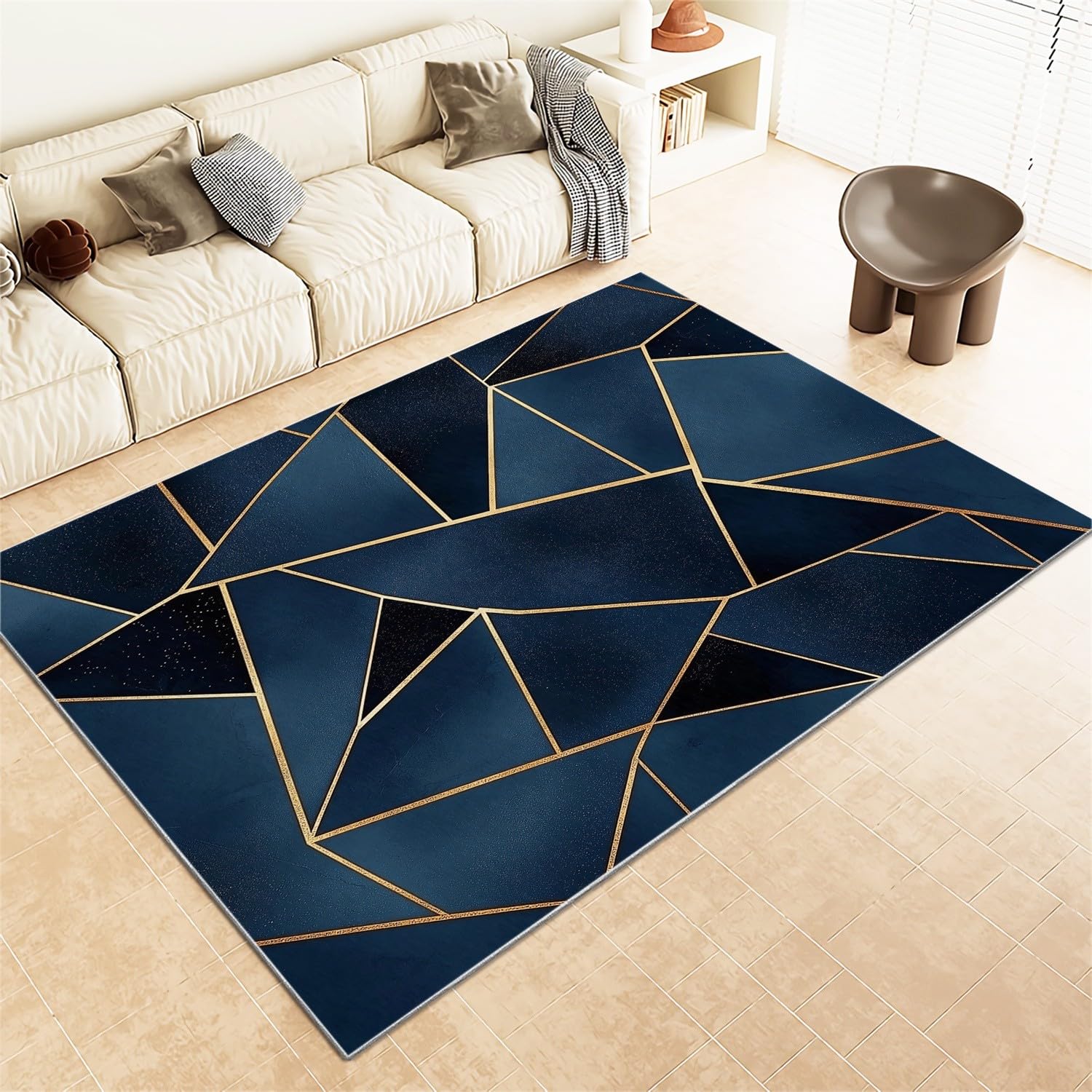 Teppich Wohnzimmer Kurzflor Dunkelblaue Geometrische Formen Schlafzimmer Flauschig Rechteckiger rutschfest Für Kinderzimmer Teppich Jungen Waschbar Fußmatte 140 X 200 cm, Dunkelblau