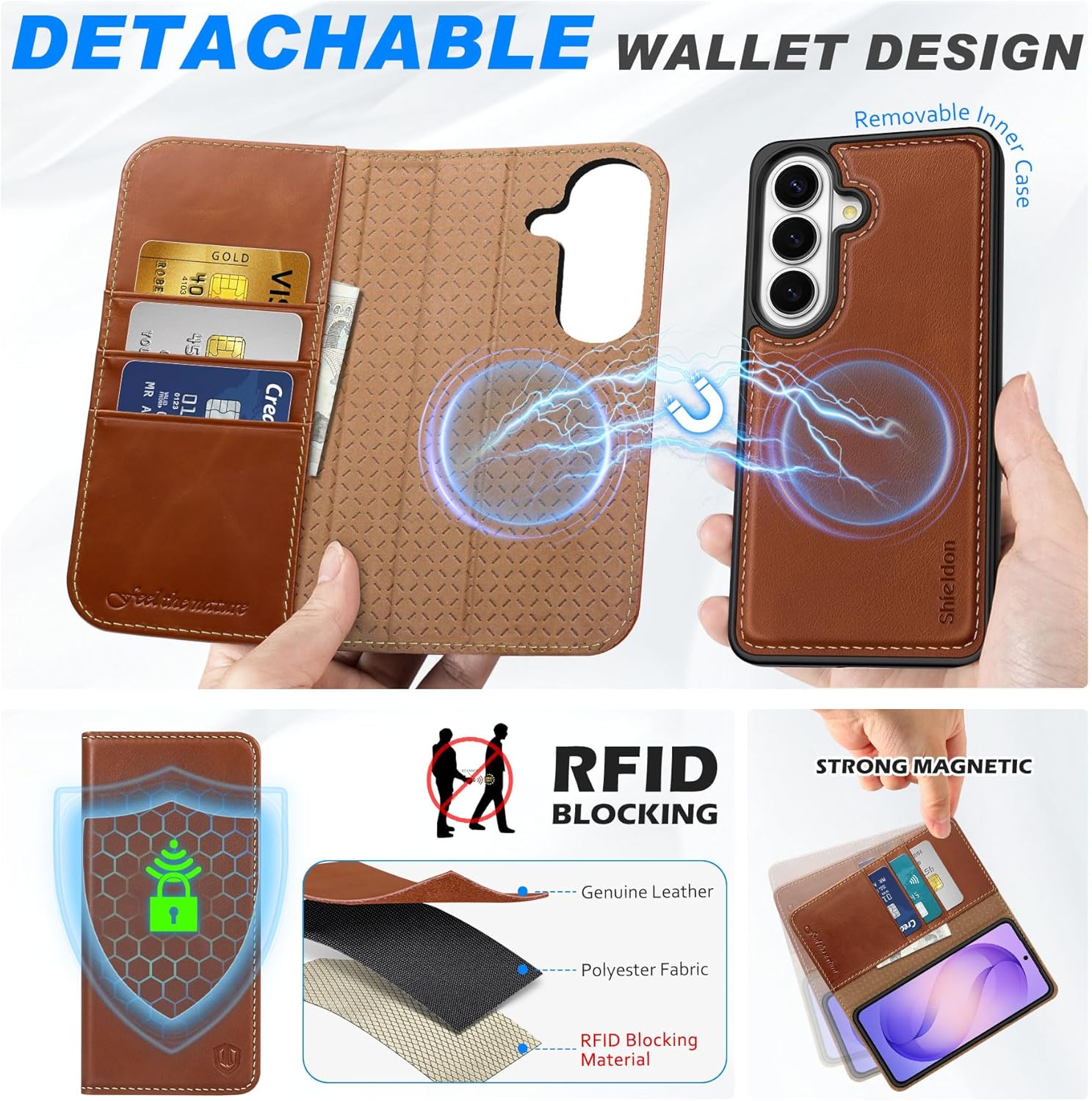 SHIELDON Detachable Wallet Case for Galaxy S26 6.3-inch, Genuine Leather, 2-in-1, Wireless Charging, Magnetic Closure, RFID Blocking Credit Card Slot, Kickstand, Full Protective Cover - Retro Brown