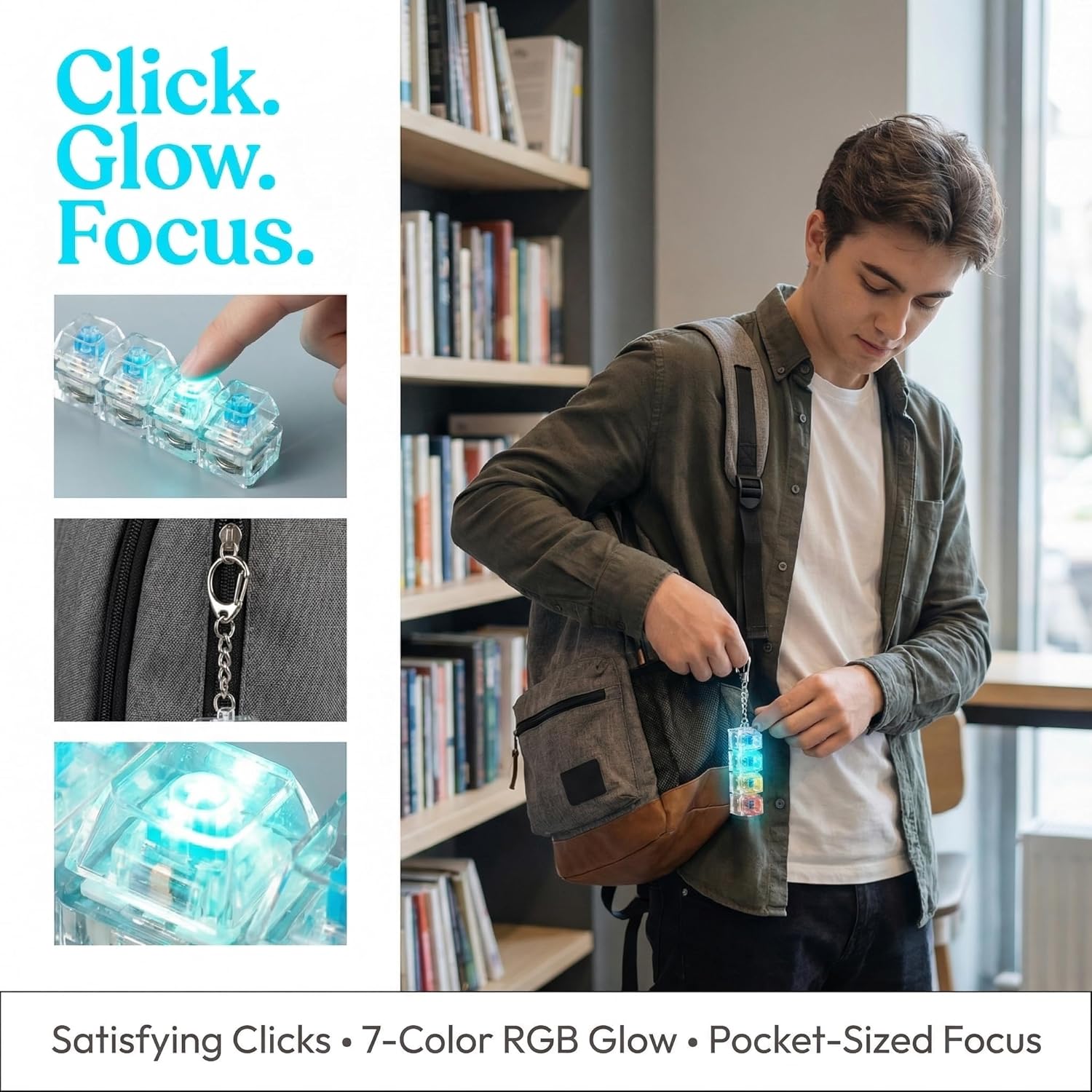 3 Pack Transparent Keyboard Fidget with 7-Color LED, Mechanical Click Sound, 4-Key Fidget Keychain Stress Relief, Clear PC Material Clicky Fidget for Adults (Blind Box Color - 2PCS)