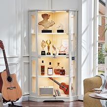 LELELINKY Farmhouse Corner Display Cabinet with Glass Doors, Corner Curio Cabinet with 3-Color LED Motion-Sensor Light, Reinforced Base, White