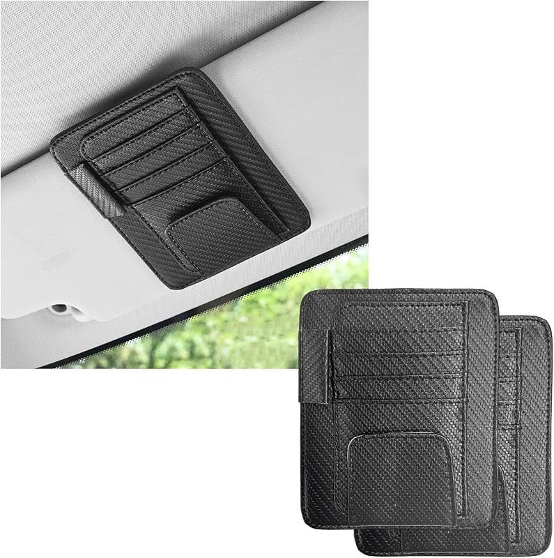 Organizador para Para-Sol Automotivo Dickno em Couro Sintético PU com Porta-Cartões e Suporte para Óculos, Carbon Fiber Black, Kit com 2 peças
