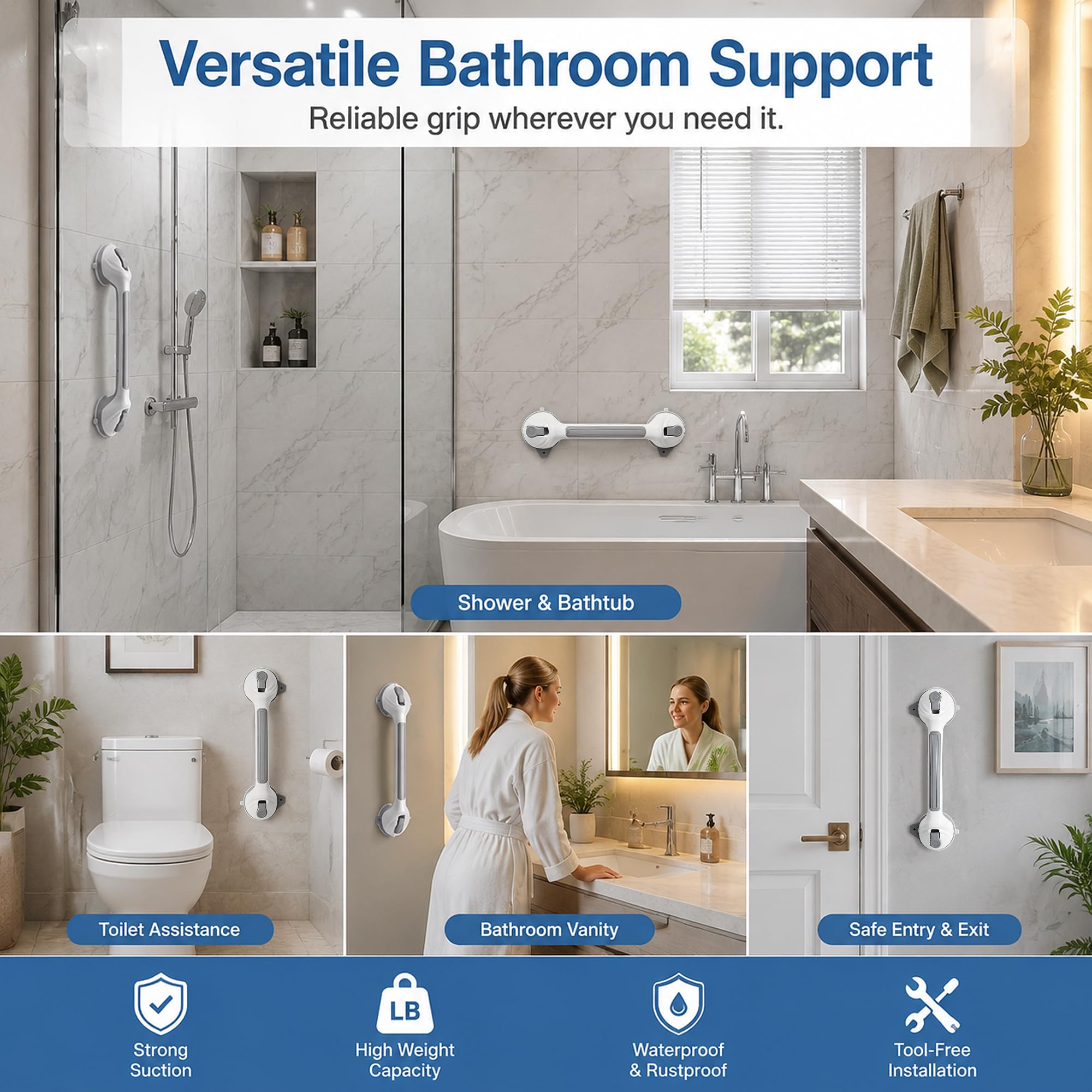 Lot de 2 barres d'appui pour douche, poignée à ventouse robuste de 42 cm, double verrouillage, sans perçage, support antidérapant pour baignoire et douche, amovibles