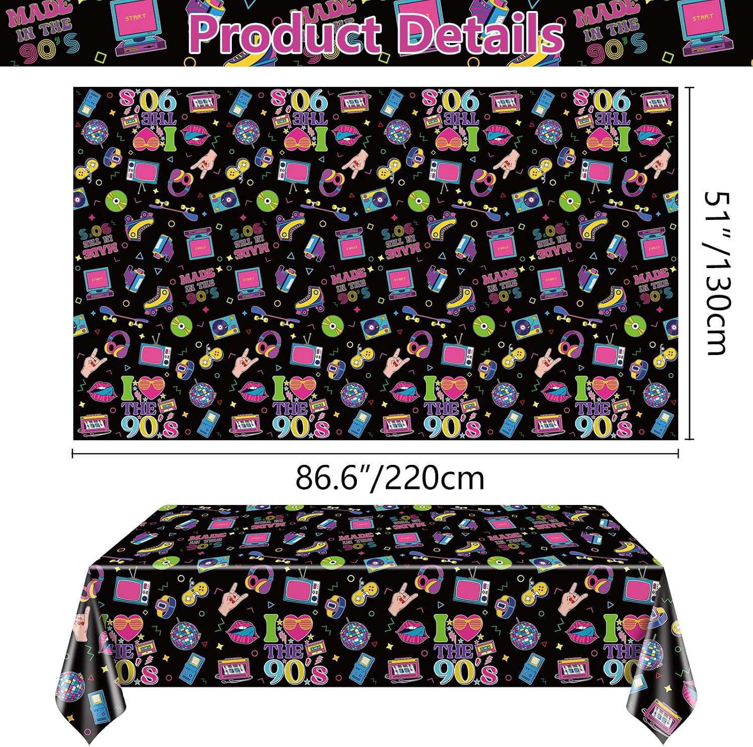 4Pcs 90's Party Plastic Tablecloths - Back to The 90's Theme Table Cover, Rectangular 90s Hip Hop Table Decorations for Throwback Party Birthday Supplies, 51 x 86.6 Inch image 2