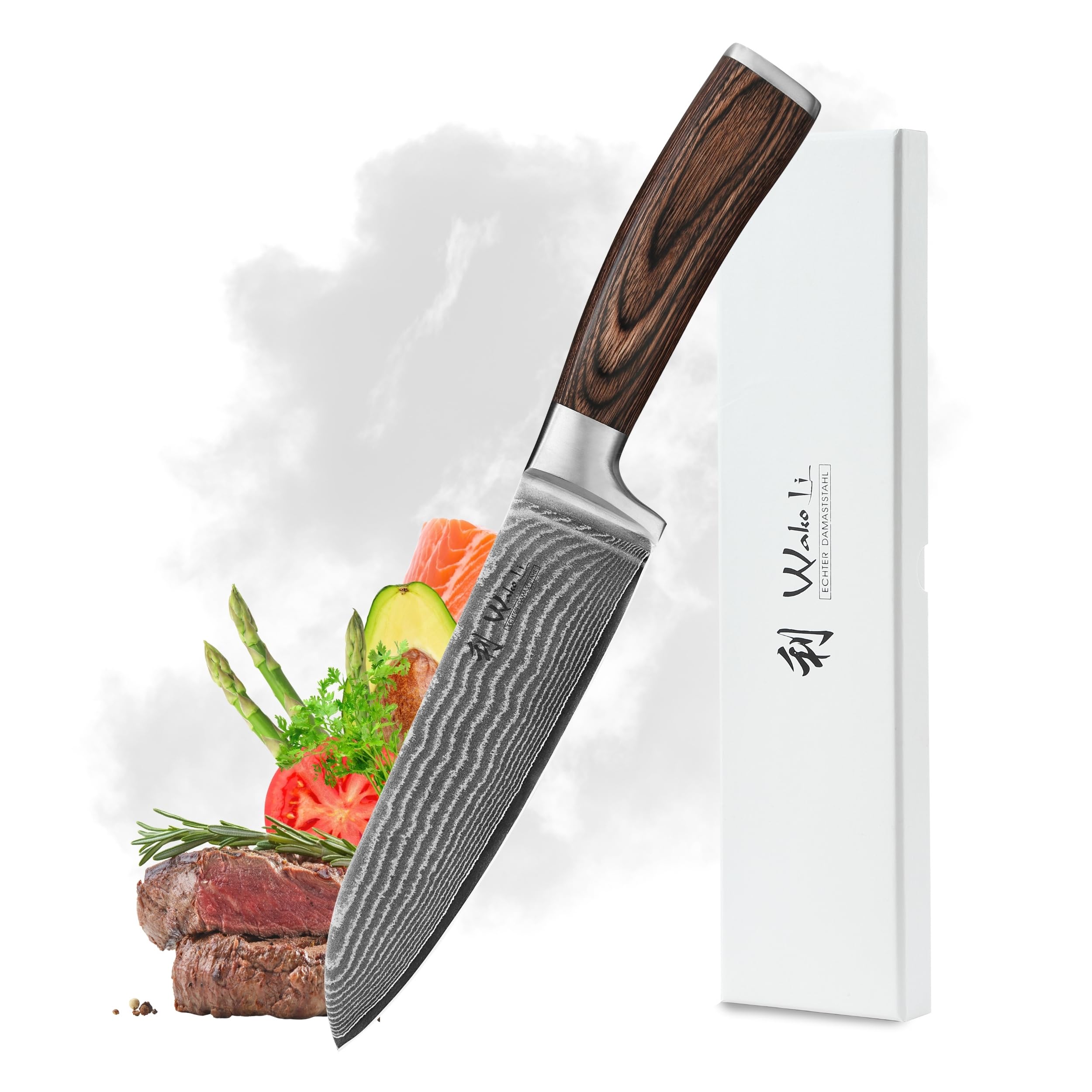 WAKOLI EDIB cuchillo Santoku de 17 cm en acero de damasco de 67 capas con núcleo VG10, mango de madera Pakka, para carne, pescado y verduras, con caja de regalo