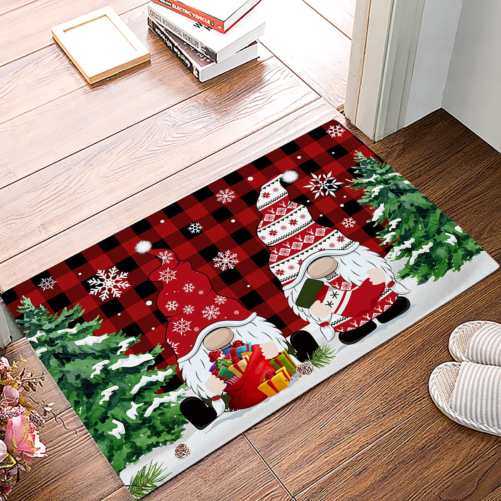 ALAGEO Cute Christmas Gnome Doormat Xmas Tree Red Black Buffalo Check Plaid Decorative Entrance Door Rug Non-Slip Backing Mats for Bedroom Bathroom