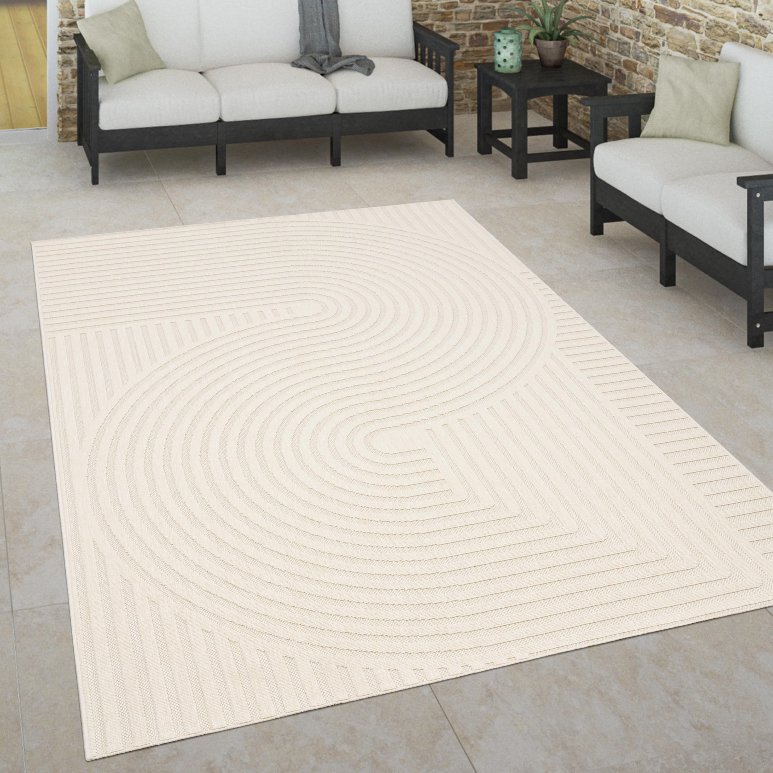 Paco Home Outdoor Teppich wetterfest Skandinavisch für Terrasse, Balkon & Garten pflegeleicht & robust Modernes Design Indoor & Outdoor geeignet, Grösse:160x230 cm, Farbe:Creme 2