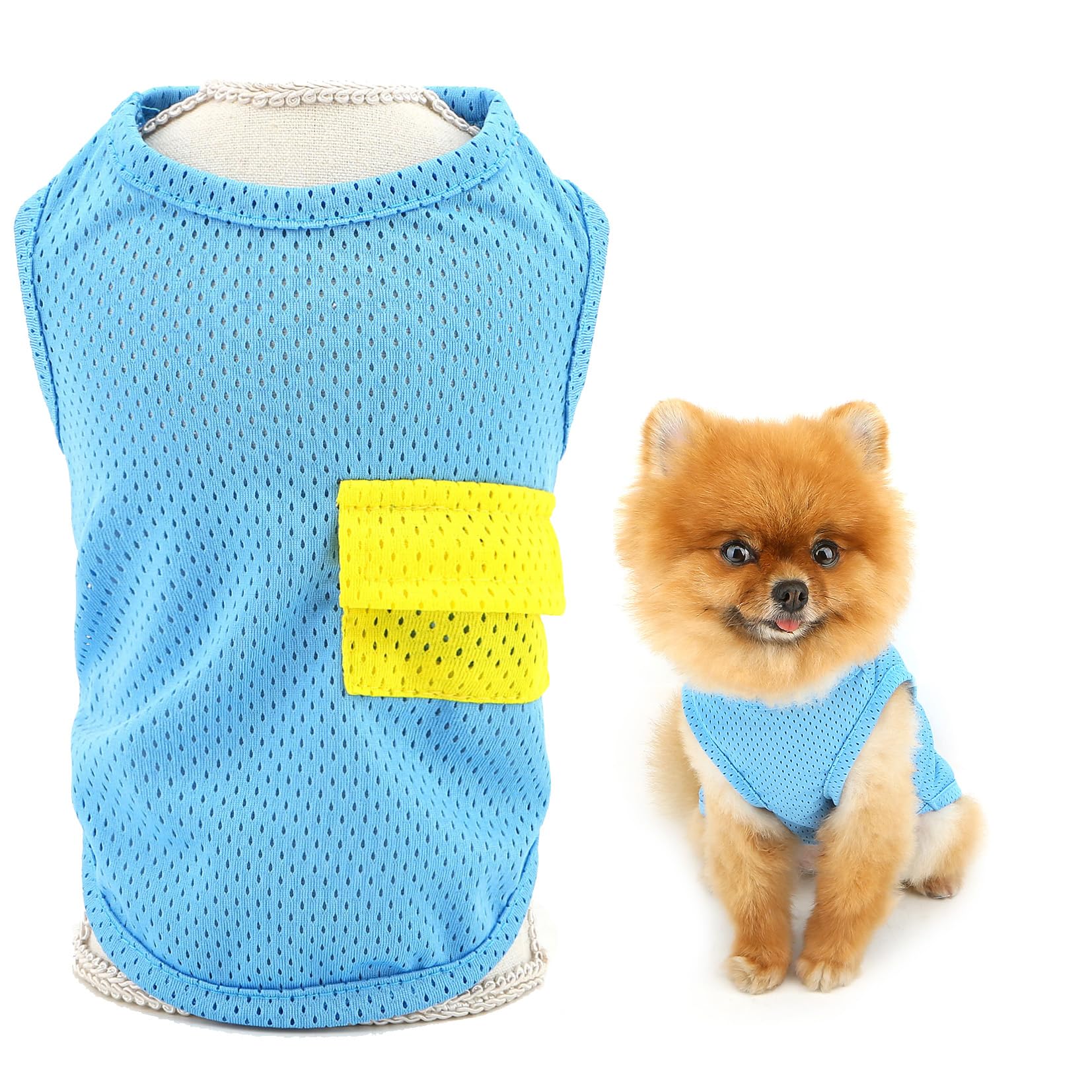 SMALLLEE_LUCKY_STORE Cool Mesh Dog T-Shirts for Extra Small and Small Dogs Solid Pet Tank Top with Cute Pocket Puppy Shirt Breathable Summer Vest Chihuahua Yorkie Cat Clothes, Blue, M