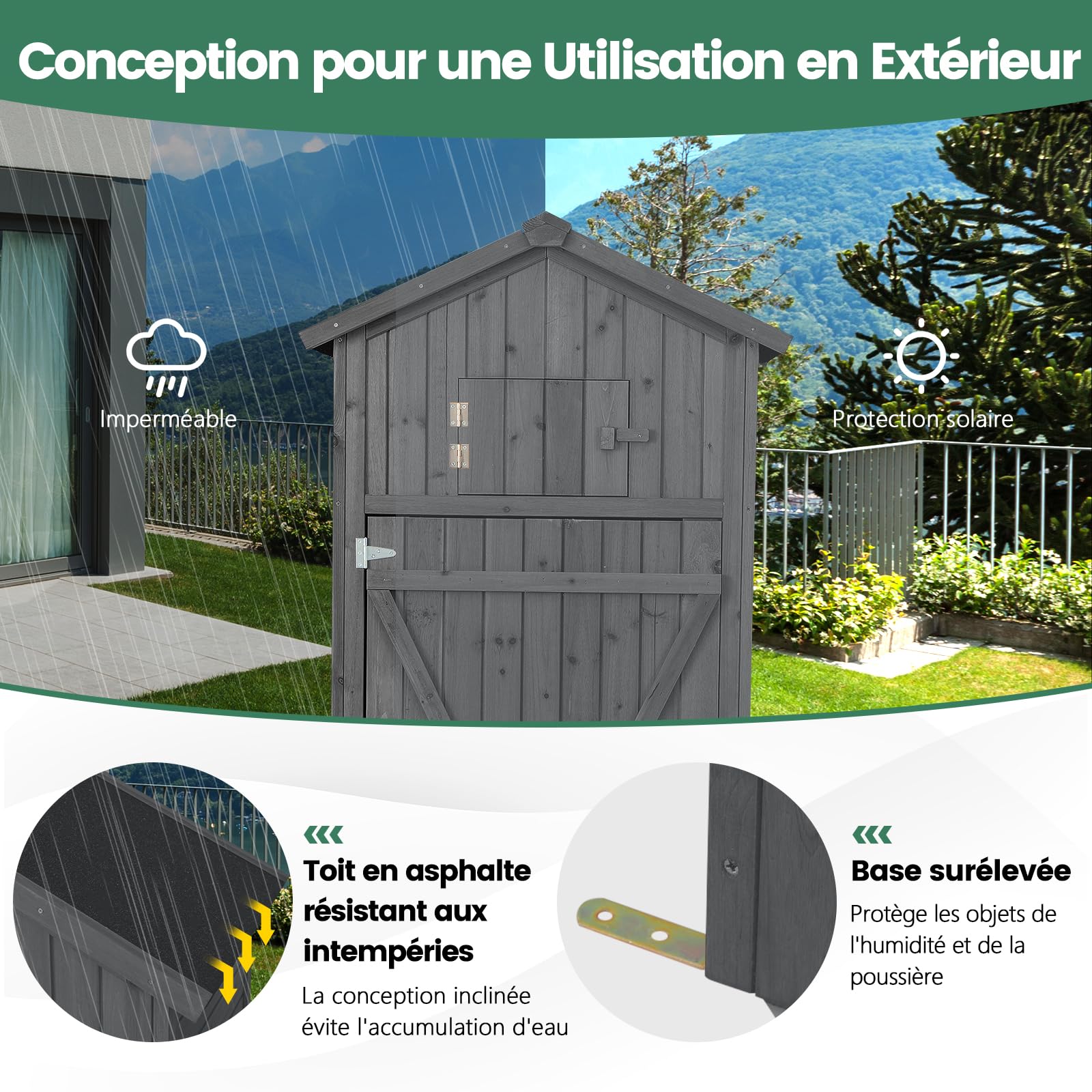 COSTWAY Armoire de Jardin Bois, Abri de Jardin Bois, 3 Étagères Amovibles, Porte avec Loquet, Tablette Pliable, Toit Asphalte, 8 Crochets, Compartiment, Cabanon Jardin Exterieur Bois (Gris)