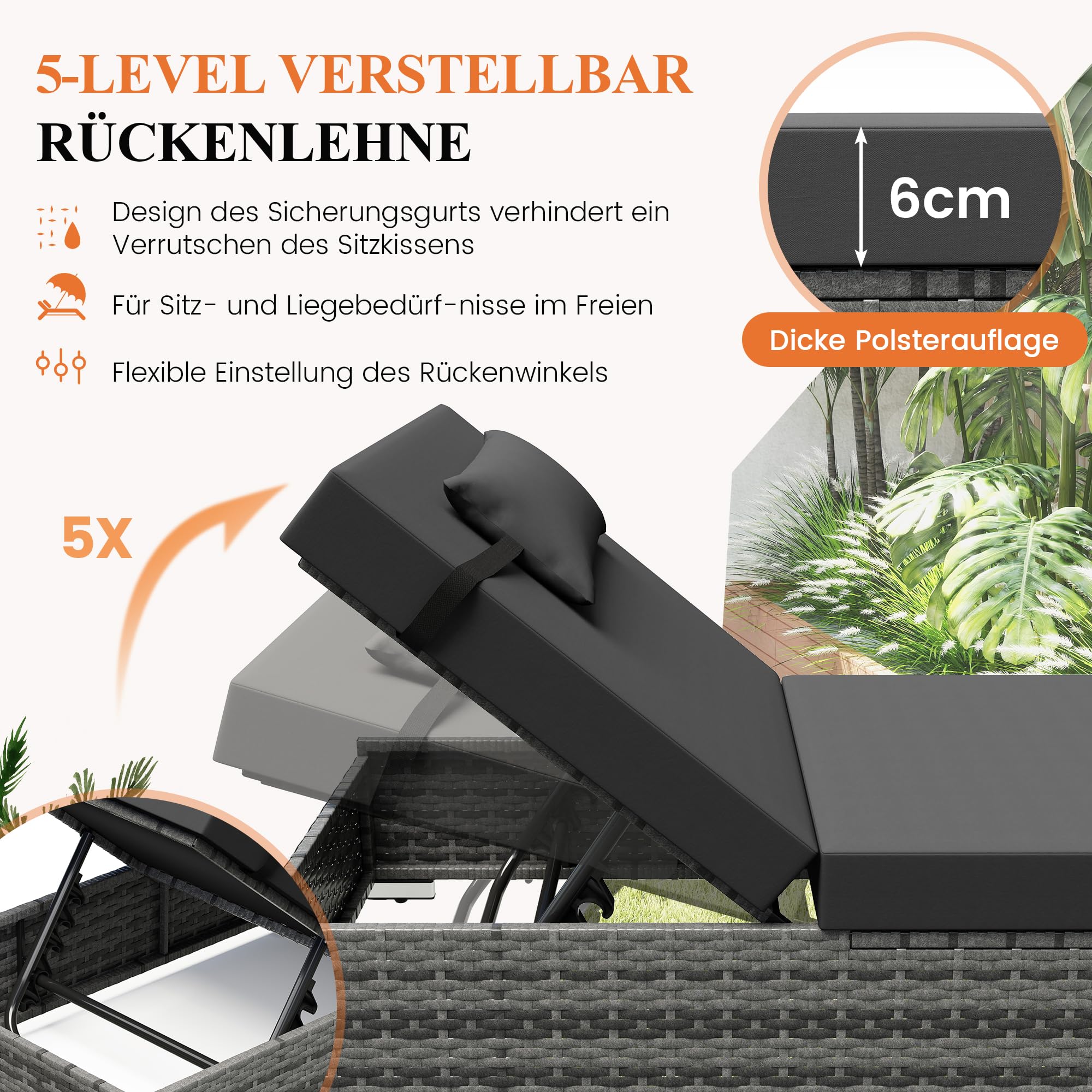 UDPATIO Sonnenliege 2 Personen Set, 3er Gartenmöbel Lounge Set Outdoor inkl. 2 Polyrattan Gartenliegen Wetterfest & 1 Tisch, Sonnenliegen Set für Garten, Terrasse, Balkon (Grau-meliert & Grau Bezüge)