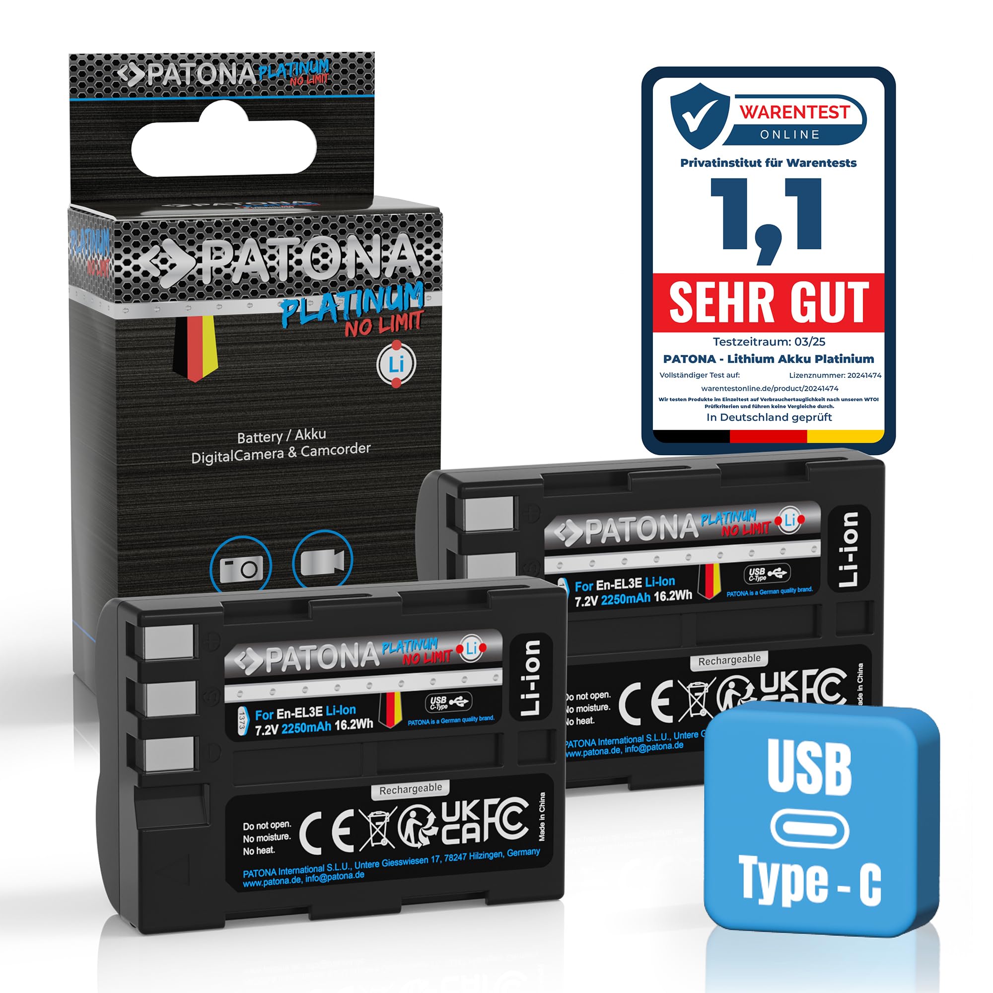 PATONA Platinum Lot de 2 Batteries EN-EL3E 2250 mAh USB-C pour Nikon