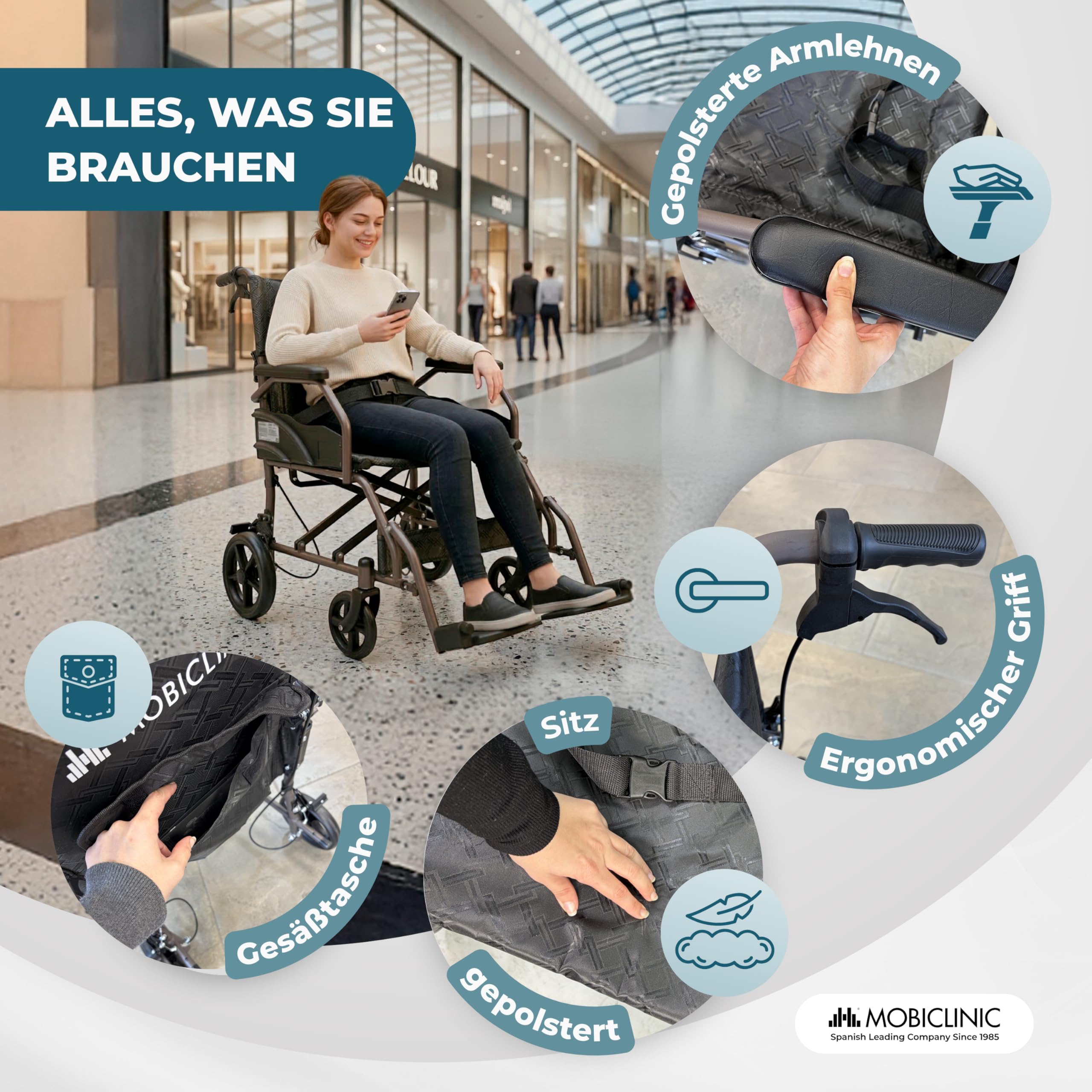 Mobiclinic®, Faltbarer Rollstuhl, mit klappbarer Rückenlehne und Fußstützen, Doppel Bremssystem, Gepolsterten Armlehnen, Stahlrahmen, Leicht und Kompakt, Kefren
