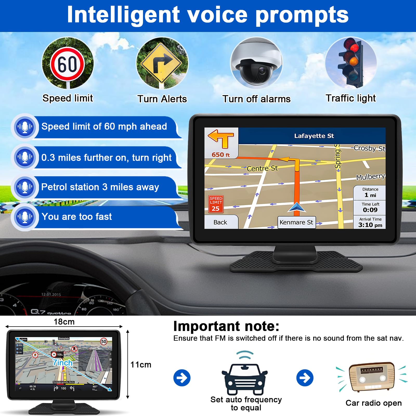 Sat Nav for Car/Truck/HGV - 7 Inch GPS Navigation UK 2025 with Lifetime Free Maps Updates, Real Voice Guidance, Speed Camera Alerts, Postcode Search & Lane Assist — view 2