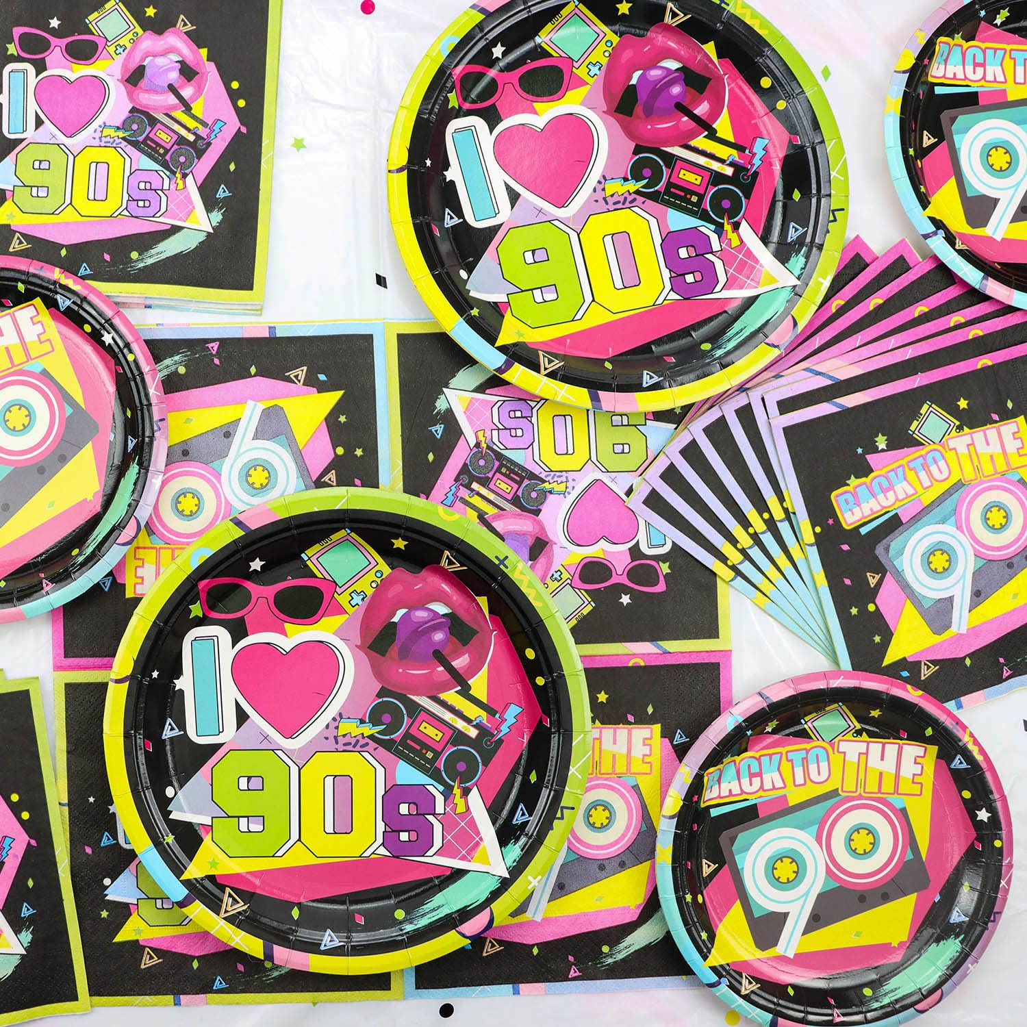 Articoli per Feste Anni '90 - Set di 122 Tovaglioli Piatti Anni '90, per Decorazioni per Feste Anni '90, Articoli per Feste di Compleanno a Tema Anni '90 - Serve 40