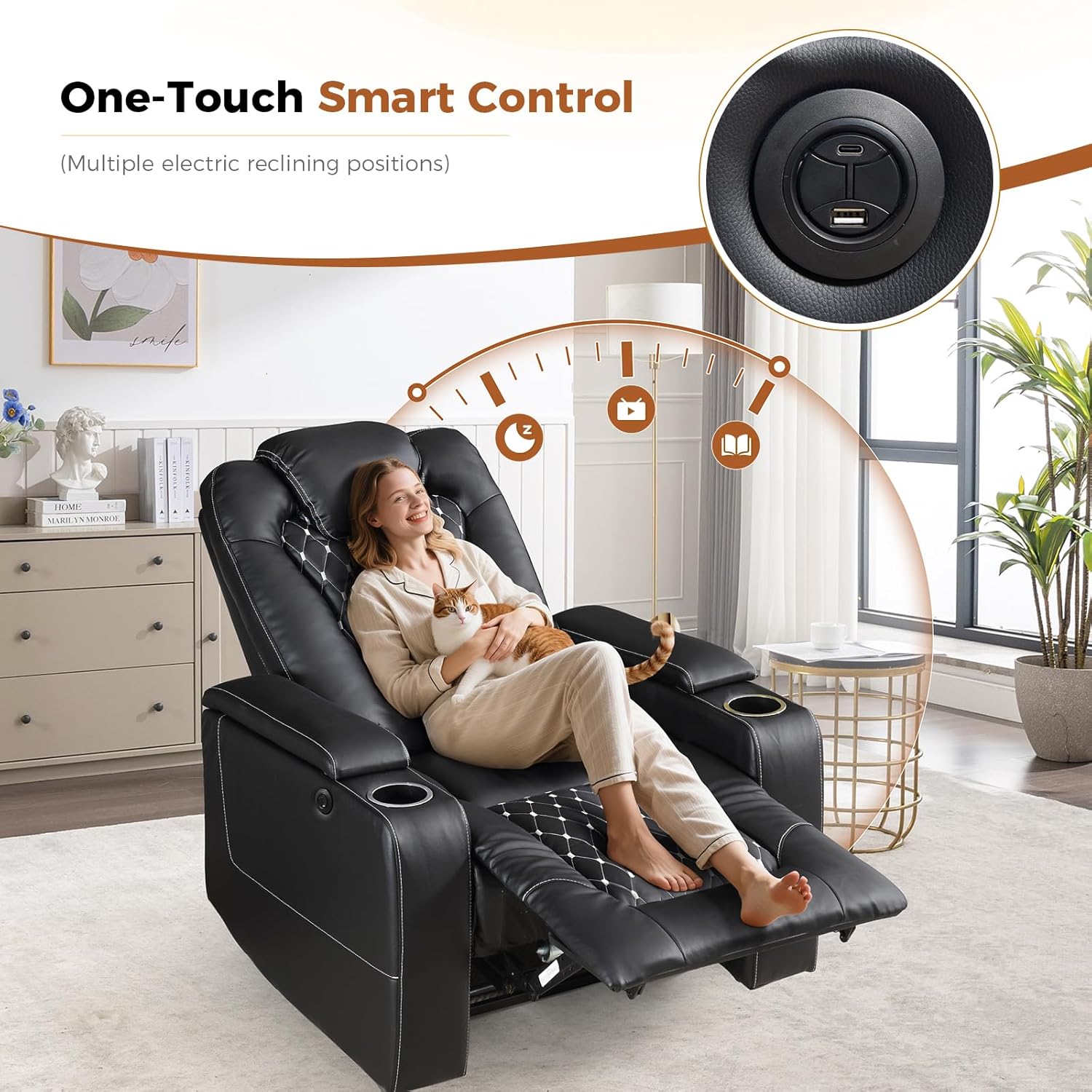 ANJ Power Recliner Chair with USB Ports and Cup Holders - Overstuffed Electric Home Theater Seating PU Leather Reclining Furniture with Hidden Arm Storage, Easy to Clean ，Black