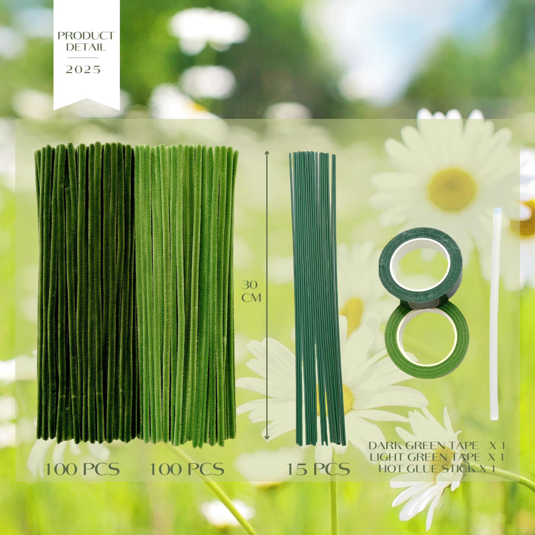 Lot De 200 Cure-Pipes Chenille – Vert Clair Et Foncé, Avec Ruban Et Tiges Fleurs – Pour Bricolage Et Loisirs Créatifs