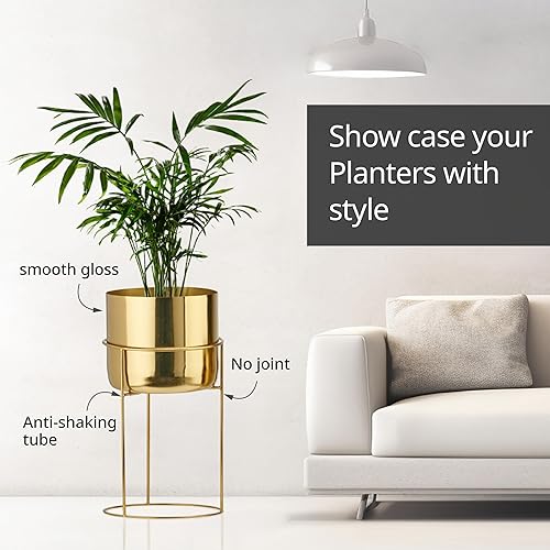 Miniatura 2 de LB2 Maceta de metal dorado con soporte extraíble, juego de 2 macetas de mediados de siglo de 11.5 y 8.5 pulgadas para sala de estar, oficina, jardín